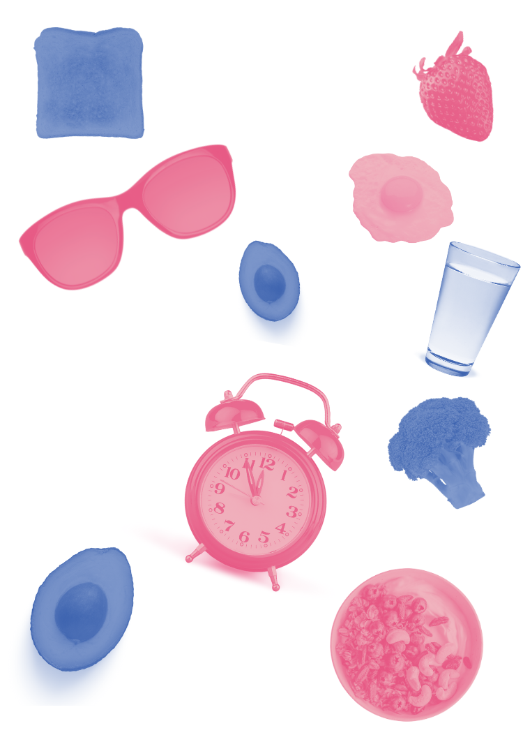 A collage of different objects, including clocks, avocados, broccoli, water, muesli and sunglasses.