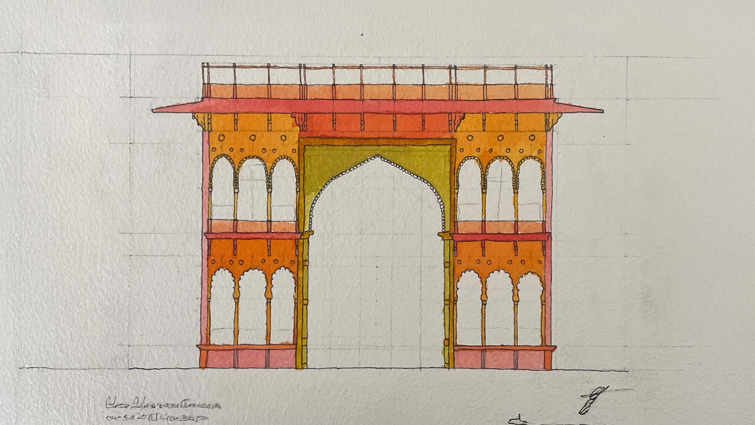 A colourful sketch of 'City Palace, Jaipur' on paper drawn by student.