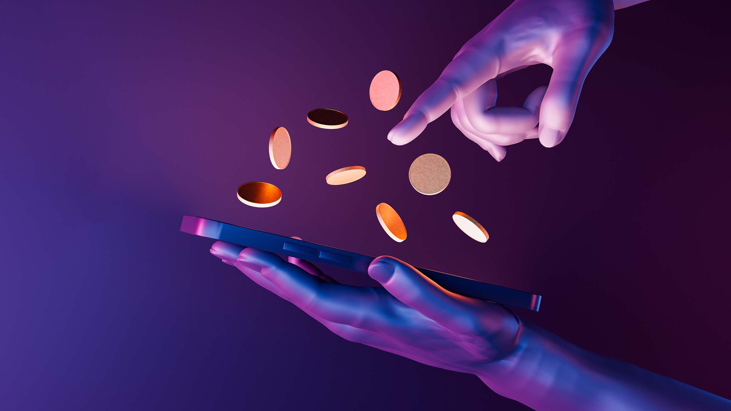 Digitally illustrated hands holding a phone with blank coins hovering above the screen.