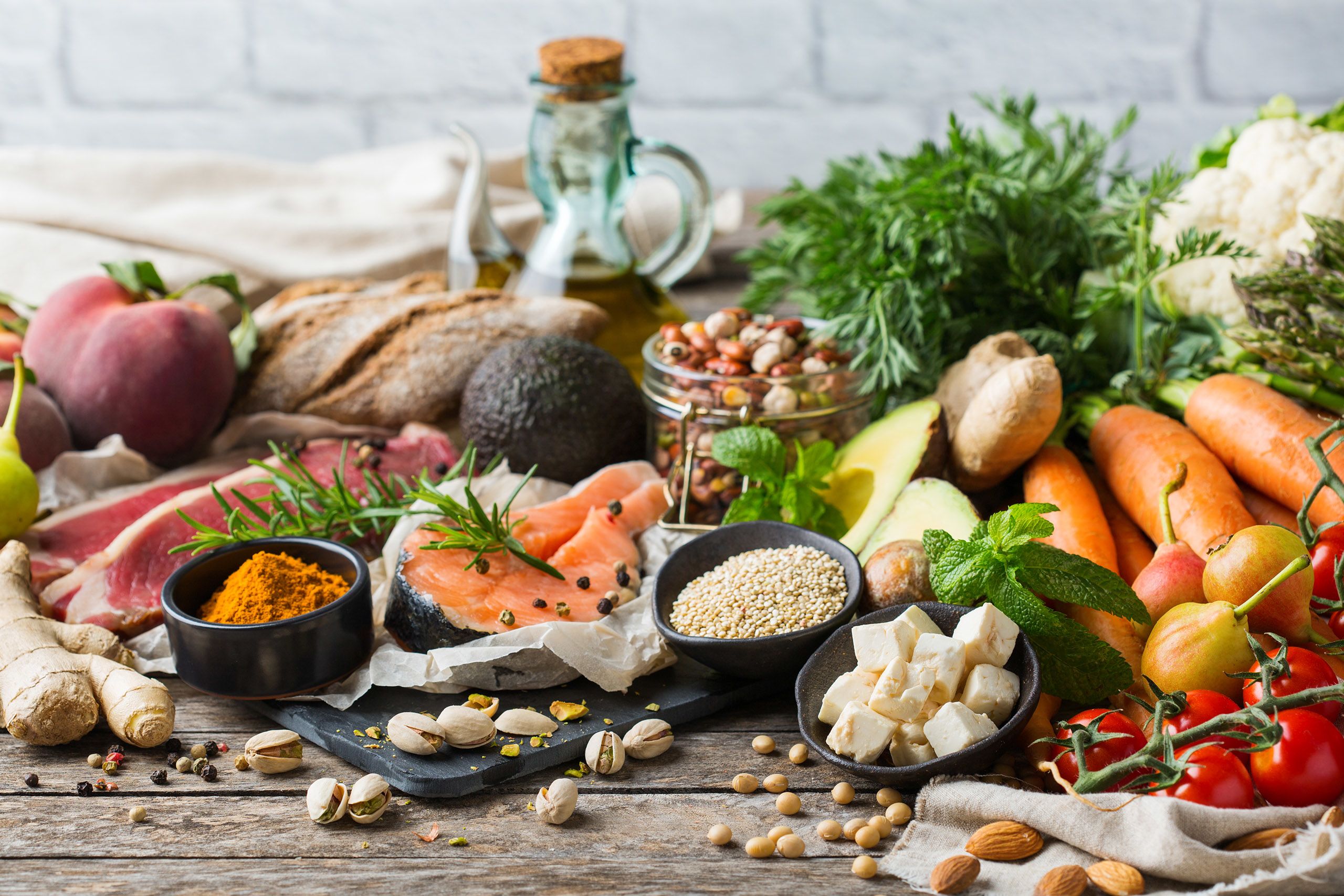 Table of food showing range of mediterranean diet ingredients