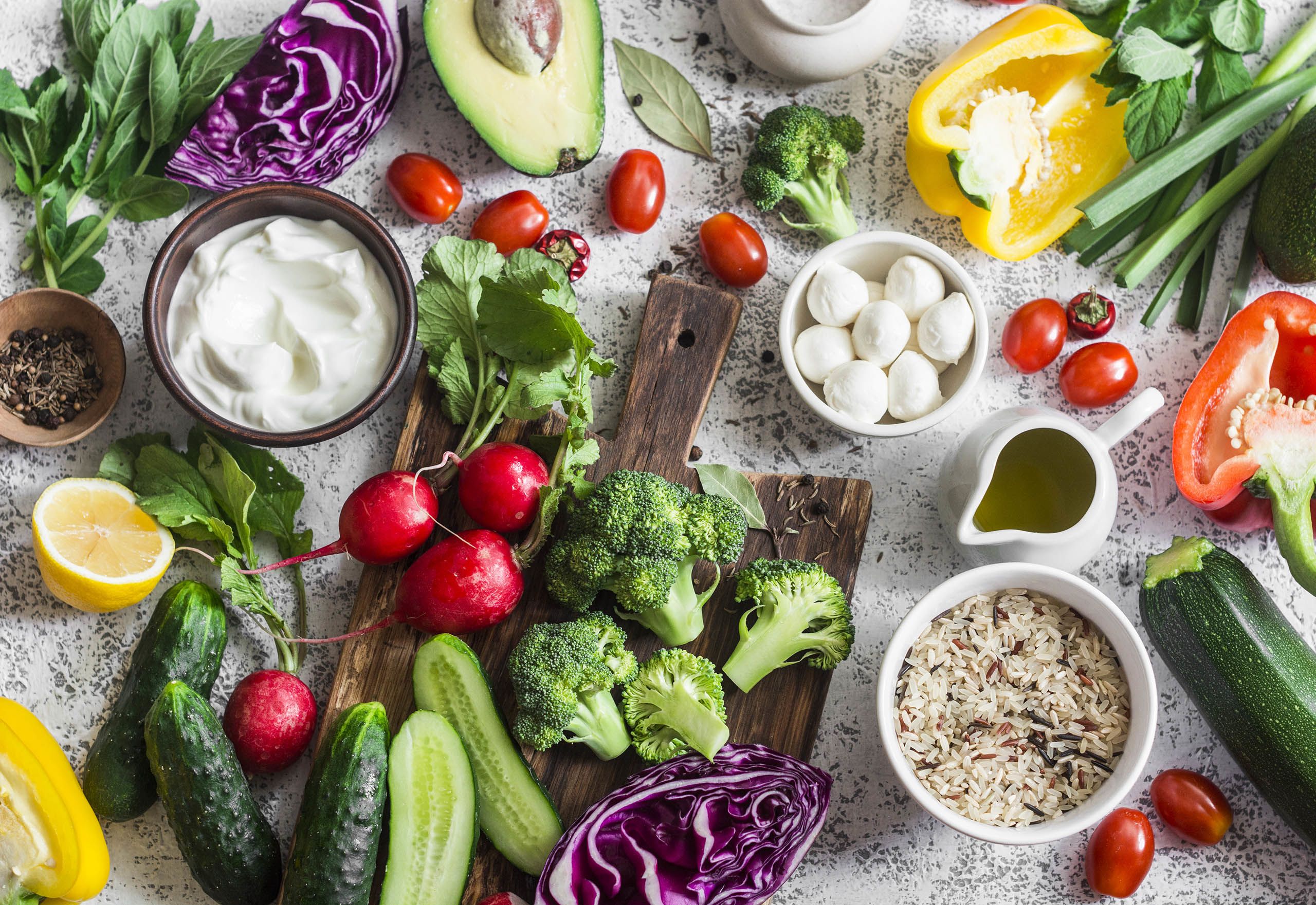 Table of food and raw ingredients showing mediterranean diet