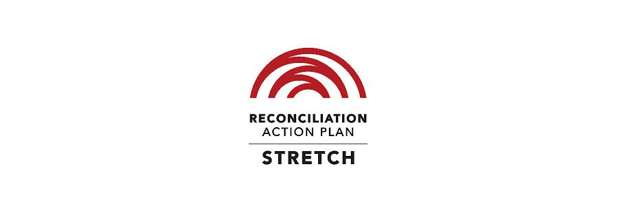 The Reconciliation Action Plan Stretch logo, consisting of a rainbow-shaped arch outlined in red and black text