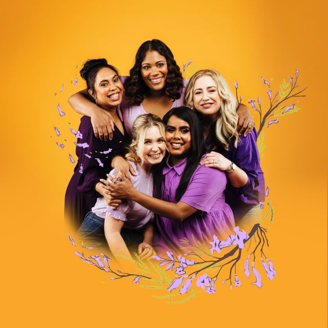 Cover art for Professor Anita Heiss' book Tiddas, featuring five women wearing purple shirts with their arms around each other and smiling