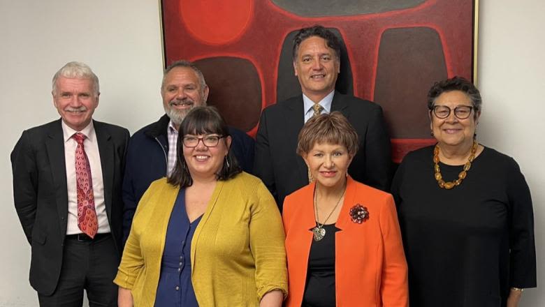 A group of 6 people wearing business attire in front of a piece of Indigenous Australian artwork