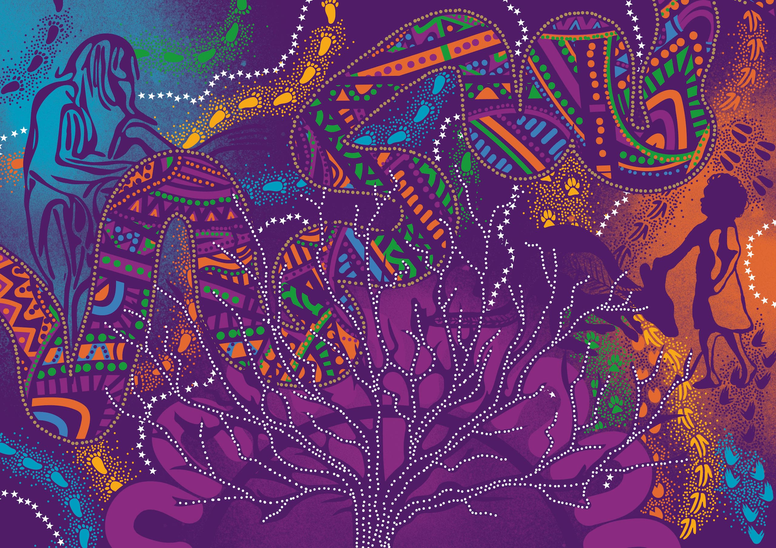 Indigenous Australian artwork centred around a purple jacaranda tree. The Brisbane River, a child patting a cangaroo, and an older man are also depicted in the artwork.