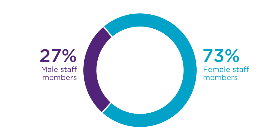Pie chart showing breakdown of 27% male and 73% female staff