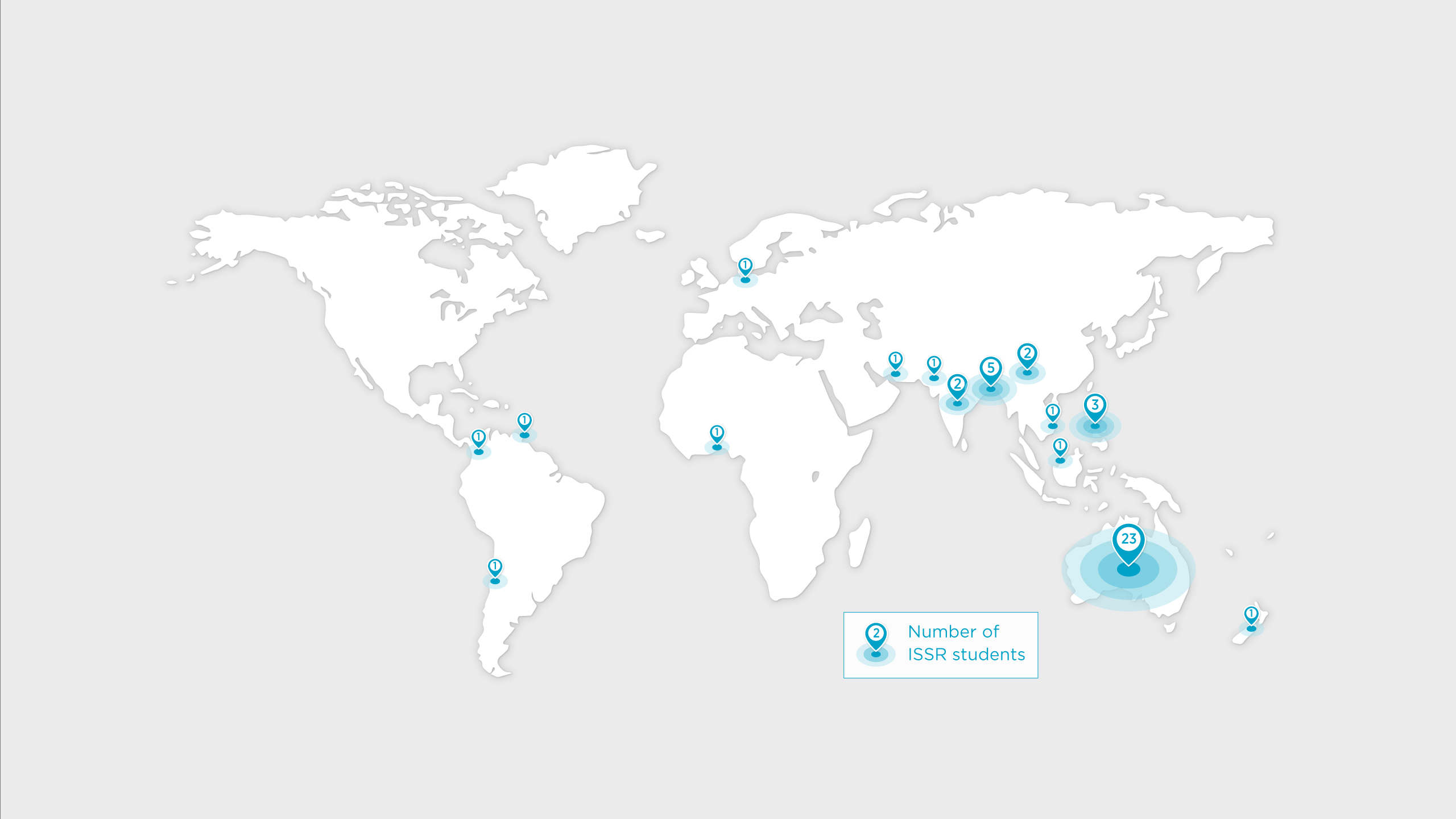 Pins spanning across the world map showing ISSR student country of origin