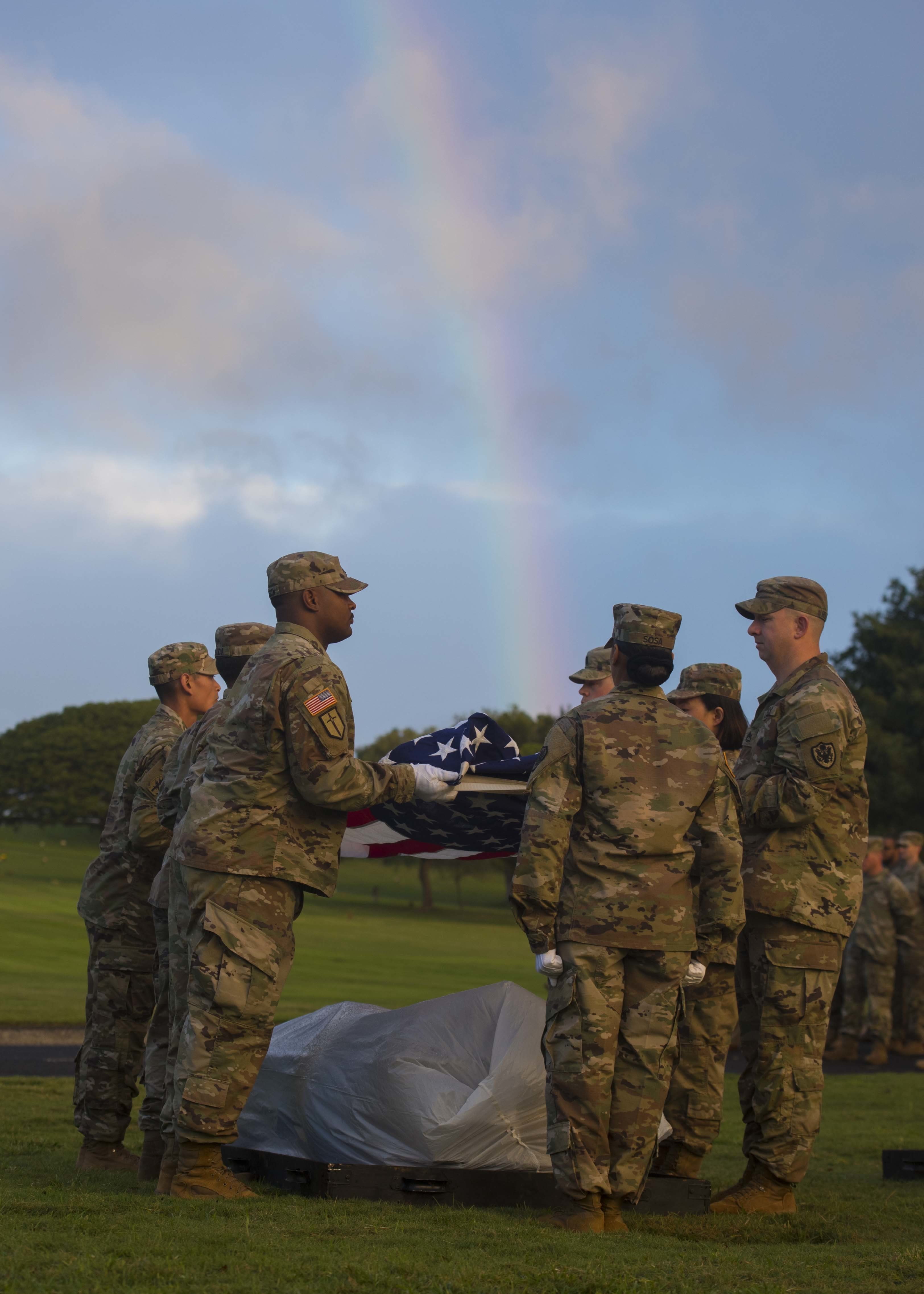U.S. service members assigned to the Defense POW/MIA Accounting Agency (DPAA) participate in a disinterment ceremony held at the National Memorial Cemetery of the Pacific, Honolulu, Hawaii, Feb. 10, 2020. The ceremony was DPAA’s eighth disinterment of the fiscal year, continuing the mission to identify the remains of unknown service members lost during the Korean War. DPAA’s mission is to provide the fullest possible accounting of missing personnel to their families and the nation. (U.S. Air Force photo by SSgt Leah Ferrante)