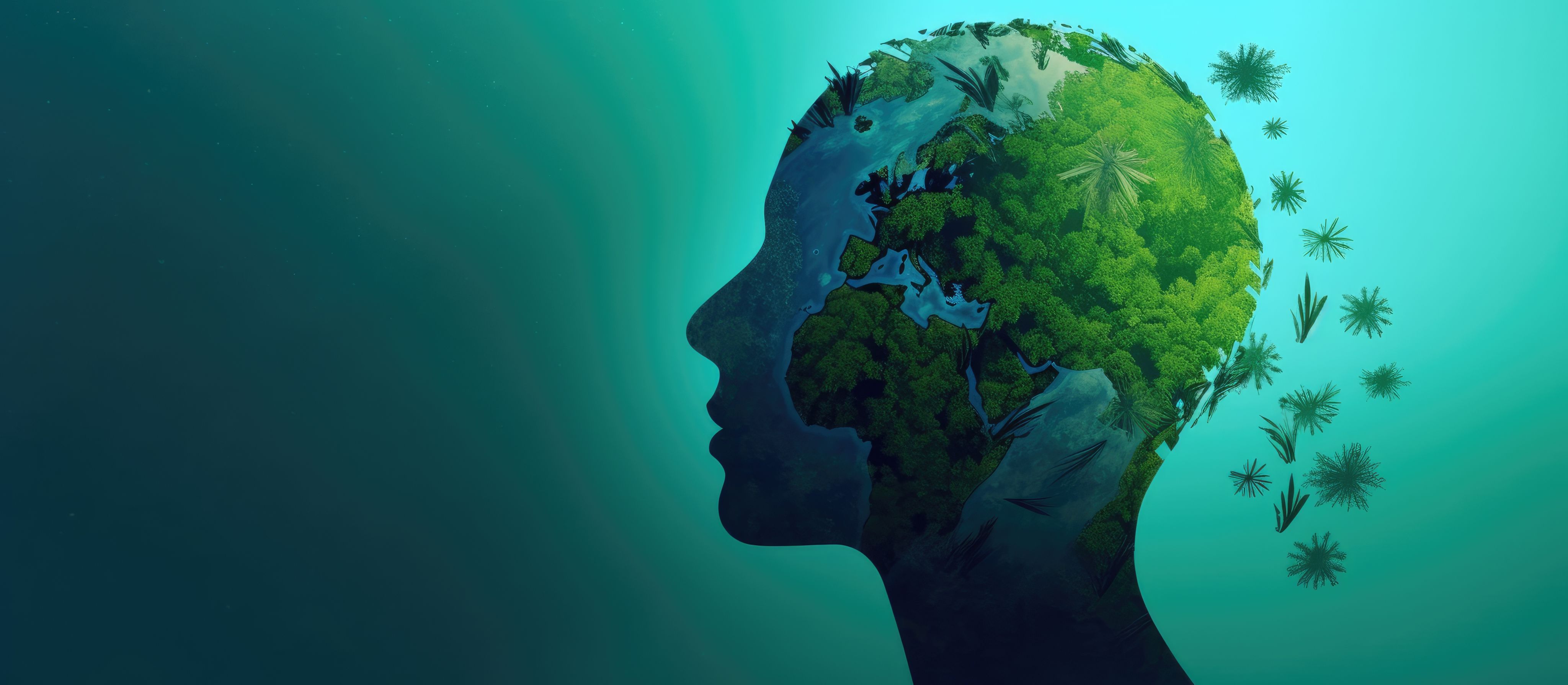 Head silhouette with world map and vegetation