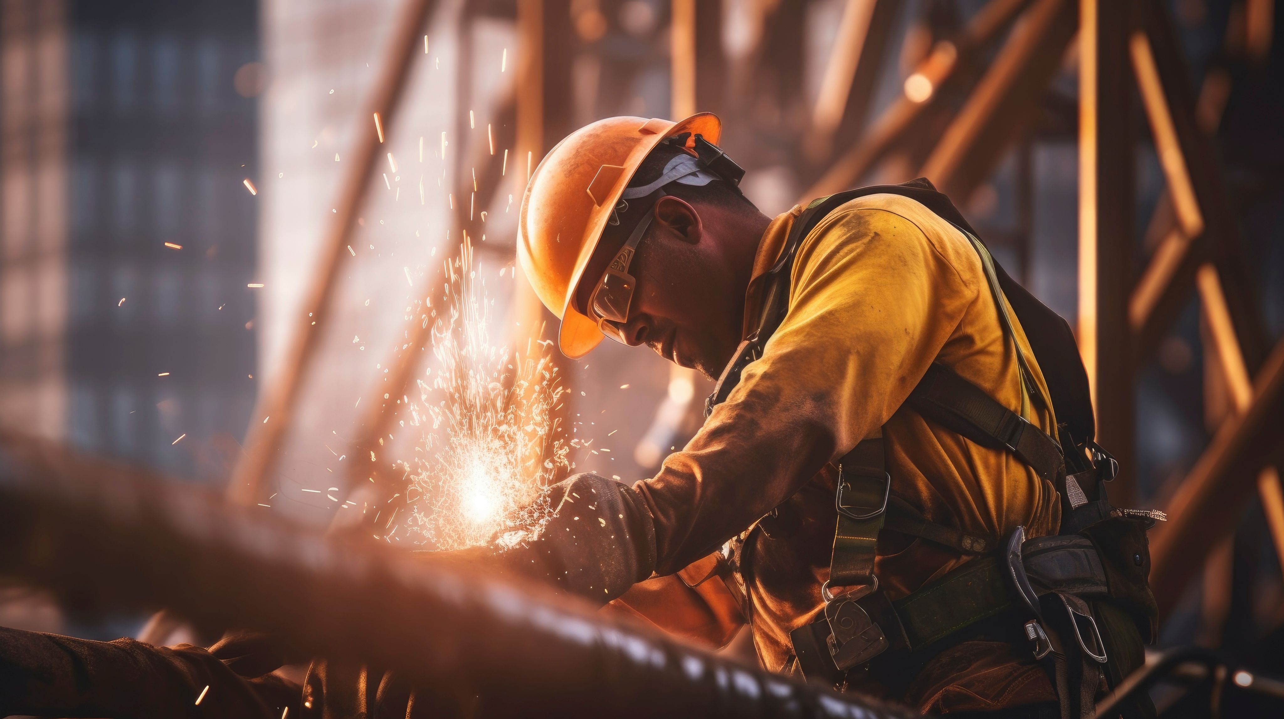 Construction worker wearing safety harness and working with sparks