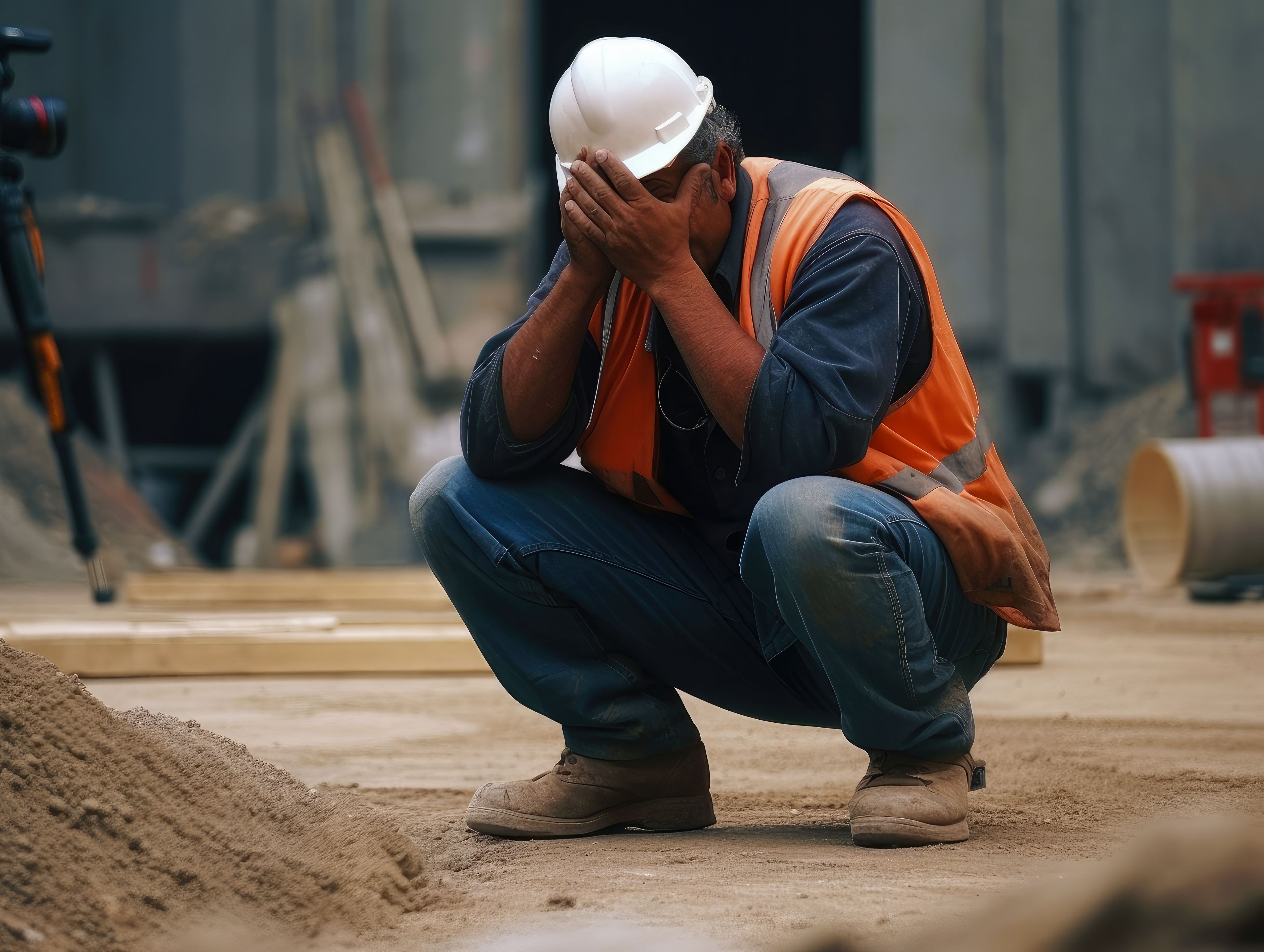 Construction worker with head in hands