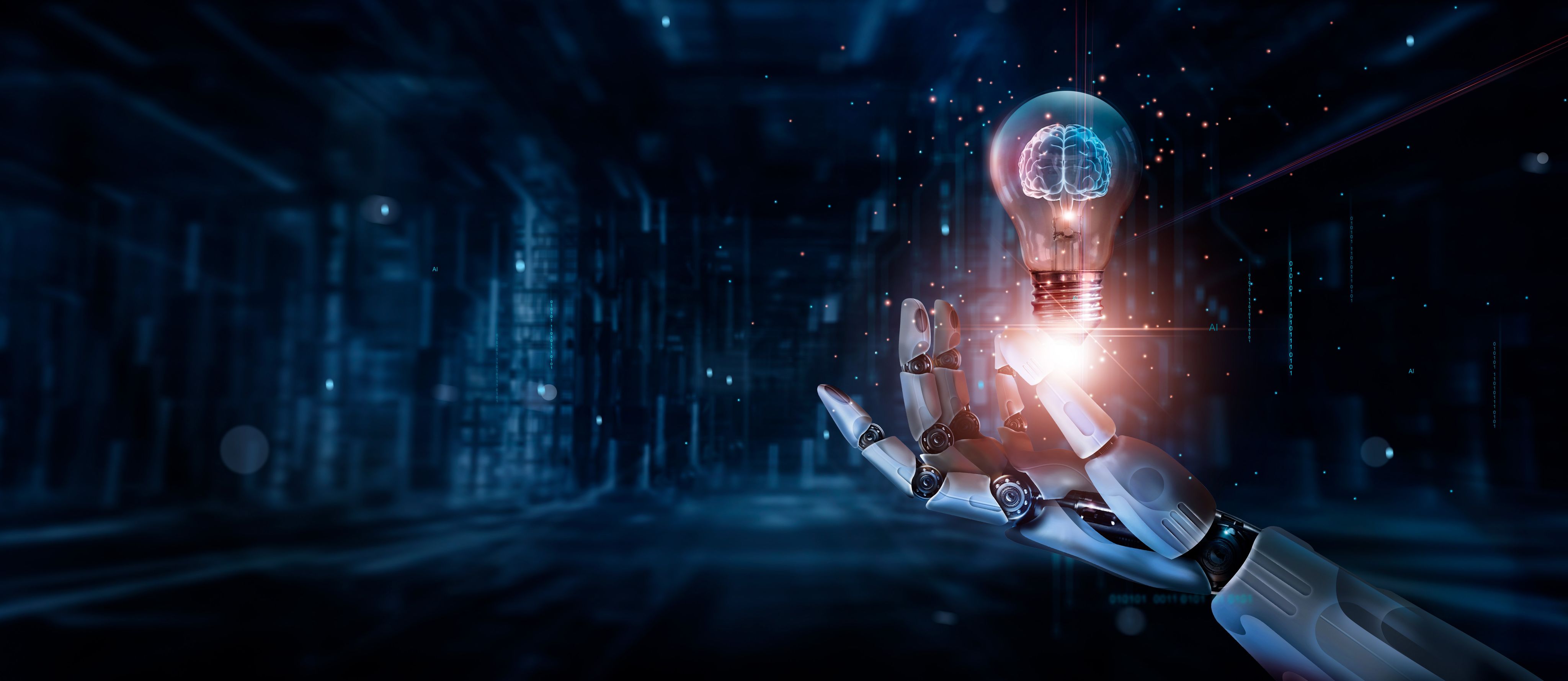 AI robot hand holding light bulb