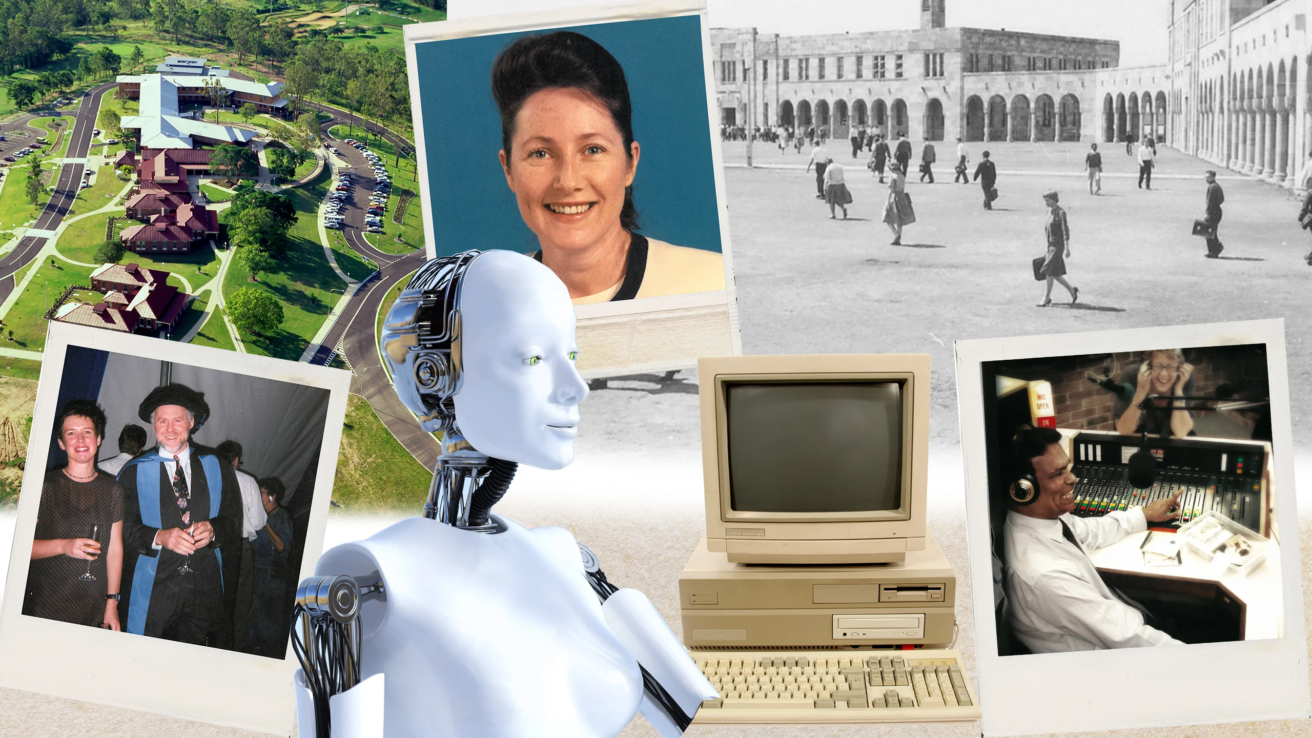 A collection of images, including an aerial view of UQ, a portrait of Professor Janet McColl-Kennedy, a black and white photo of students in the Great Court, Professor Victor Callan in a graduation cap and gown, an old computer, a robot, and a researcher in a lab coat at a desk