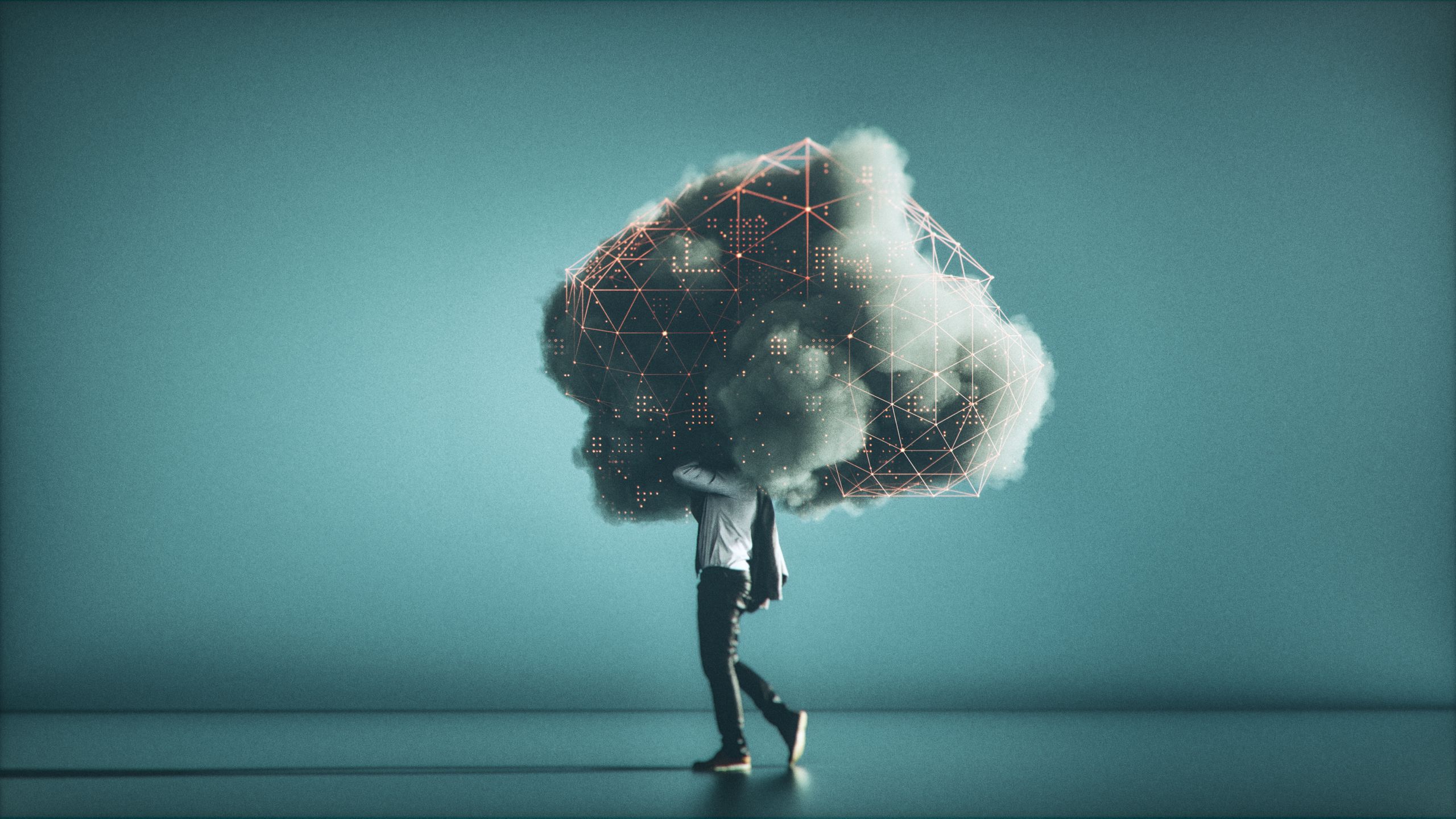 Person walking with electrical storm cloud over their head
