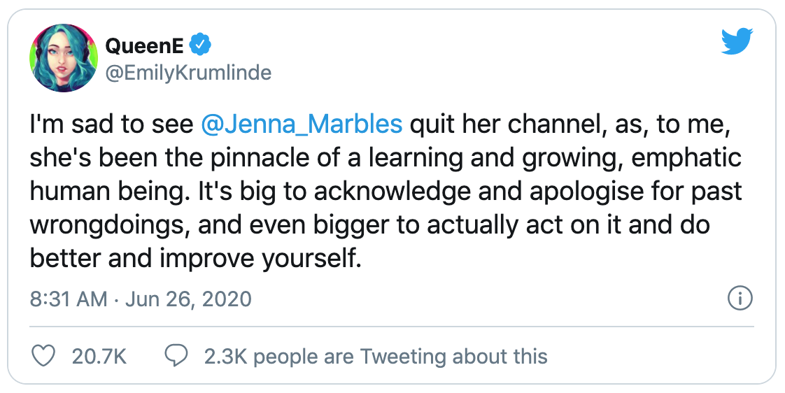 I'm sad to see @Jenna_Marbles quit her channel, as to me she's been the pinnacle of a learning and growing, emphatic human bing. It's big to acknowledge and apologise for past wrongdoings, and even bigger to actually act on it and do better and improve yourself.