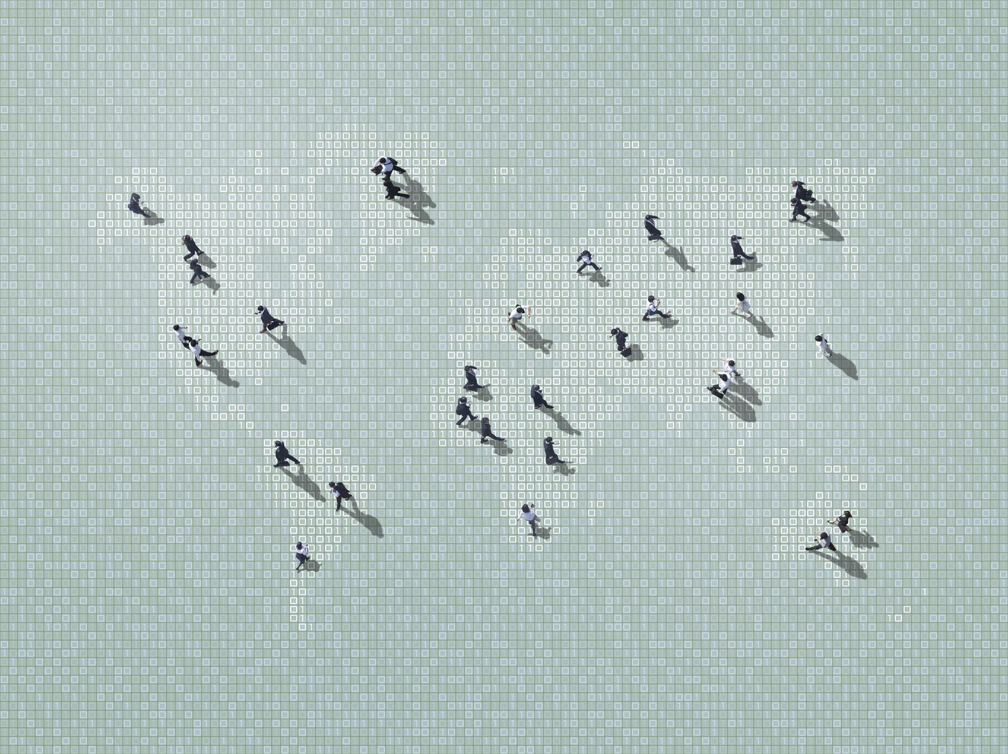People walking across a binary code of the world.