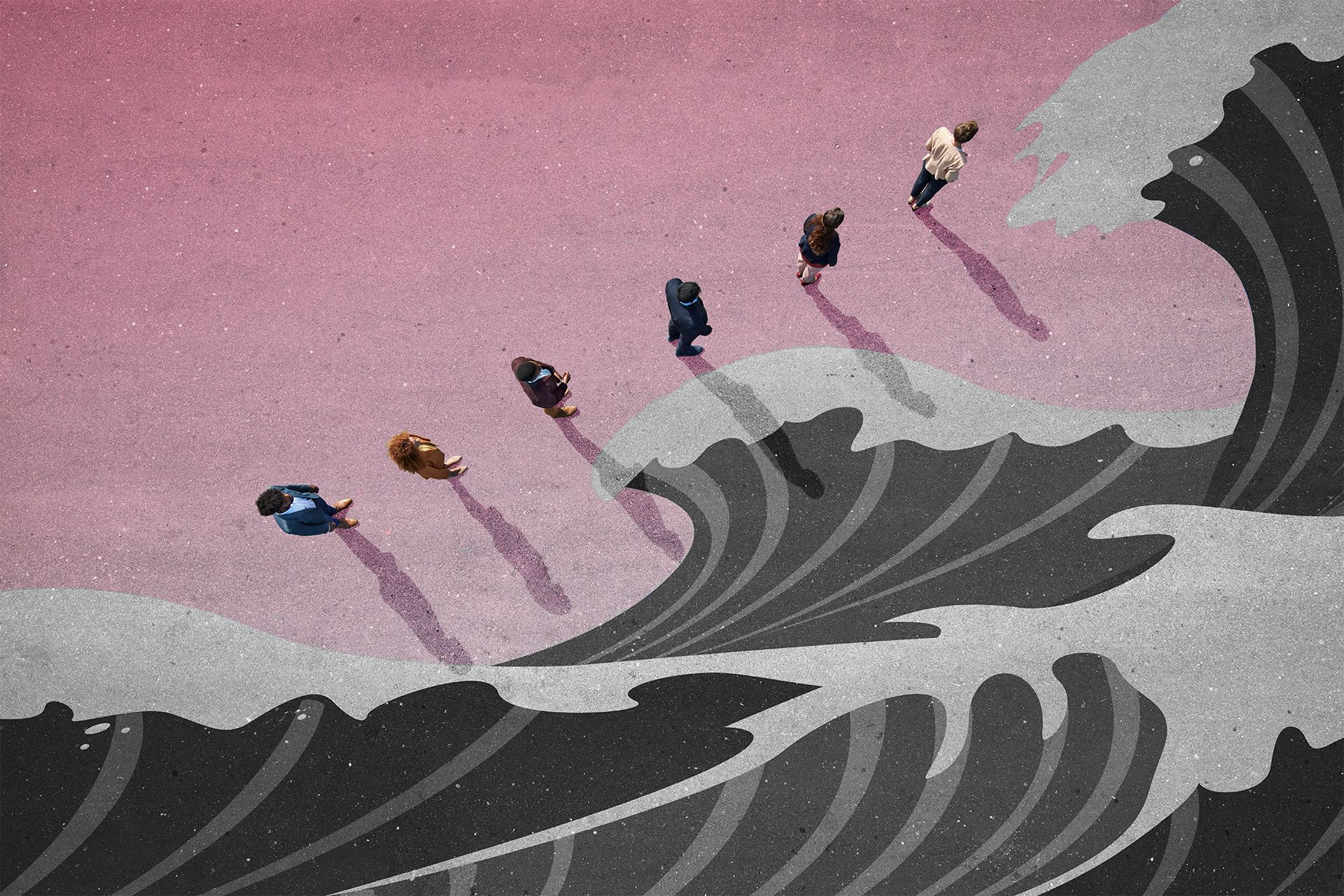Business people standing in front of a black and white wave.