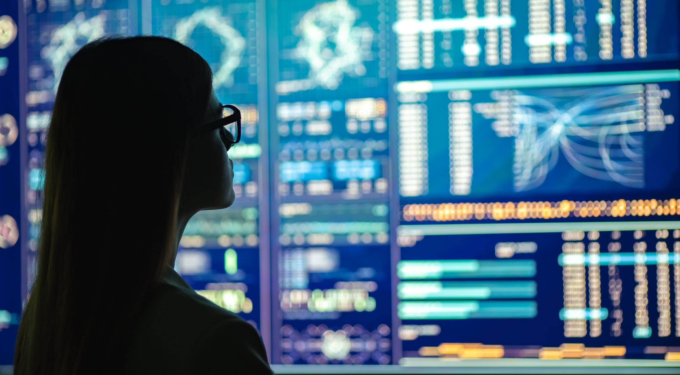 Woman analysing complex computer dashboard.