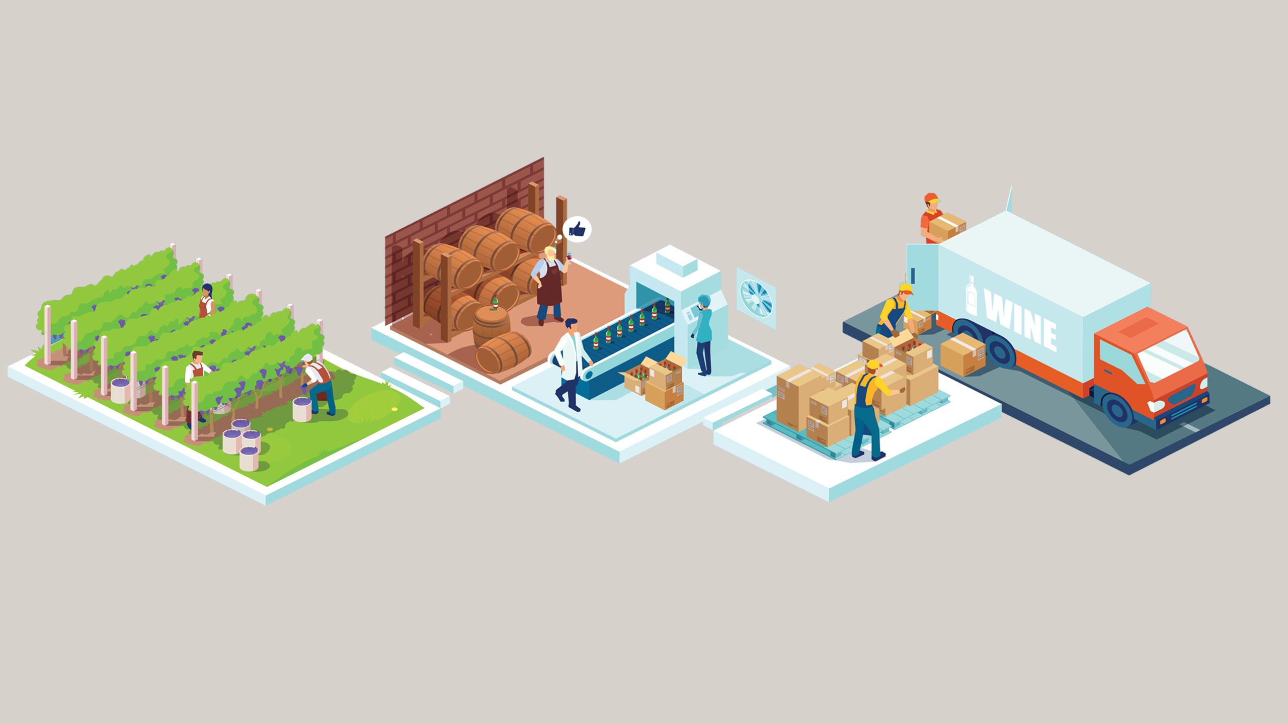 People packaging wine bottles and putting them on a truck to deliver