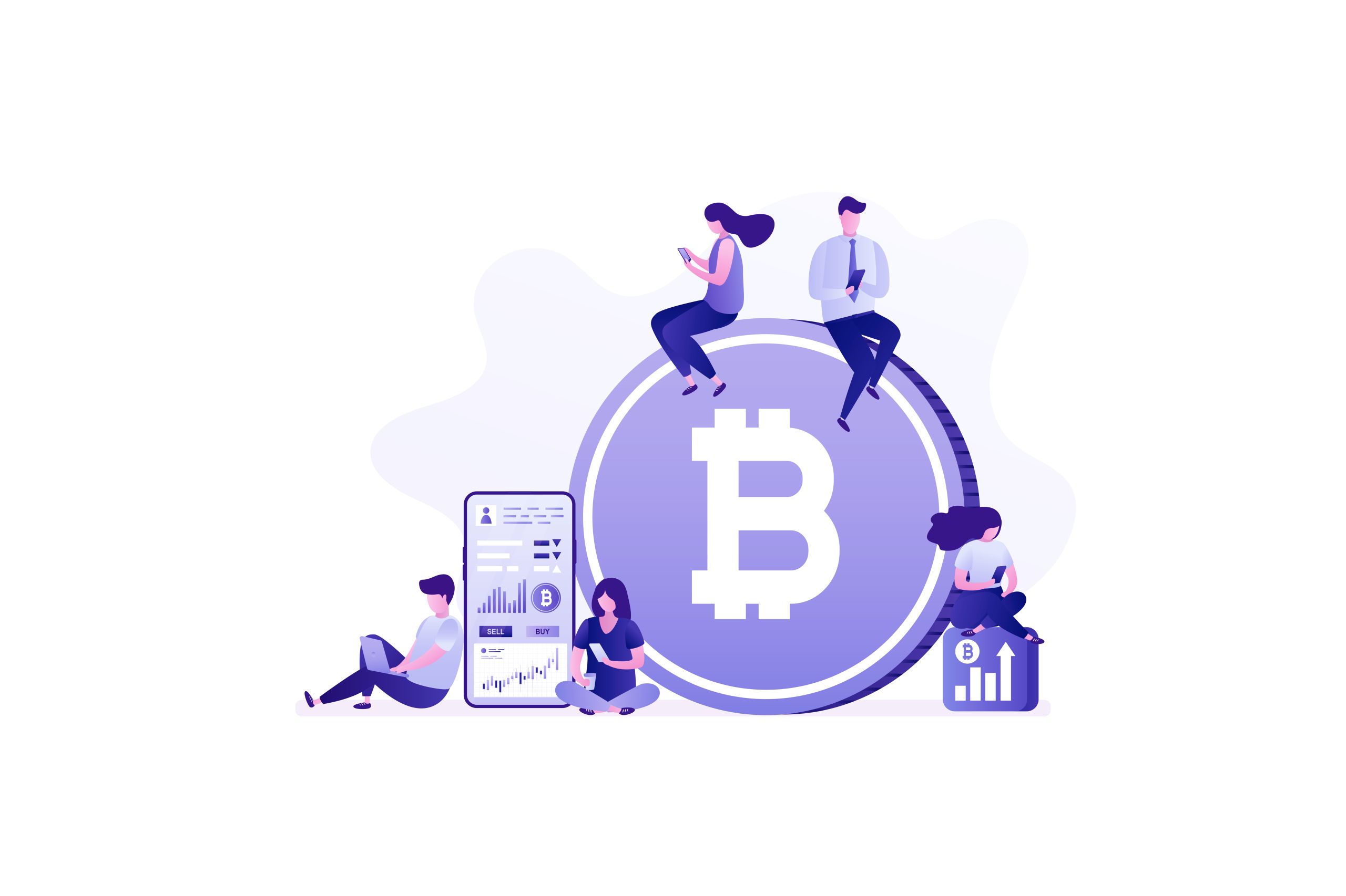 Illustration of a giant bitcoin with people sitting on it and a mobile phone.