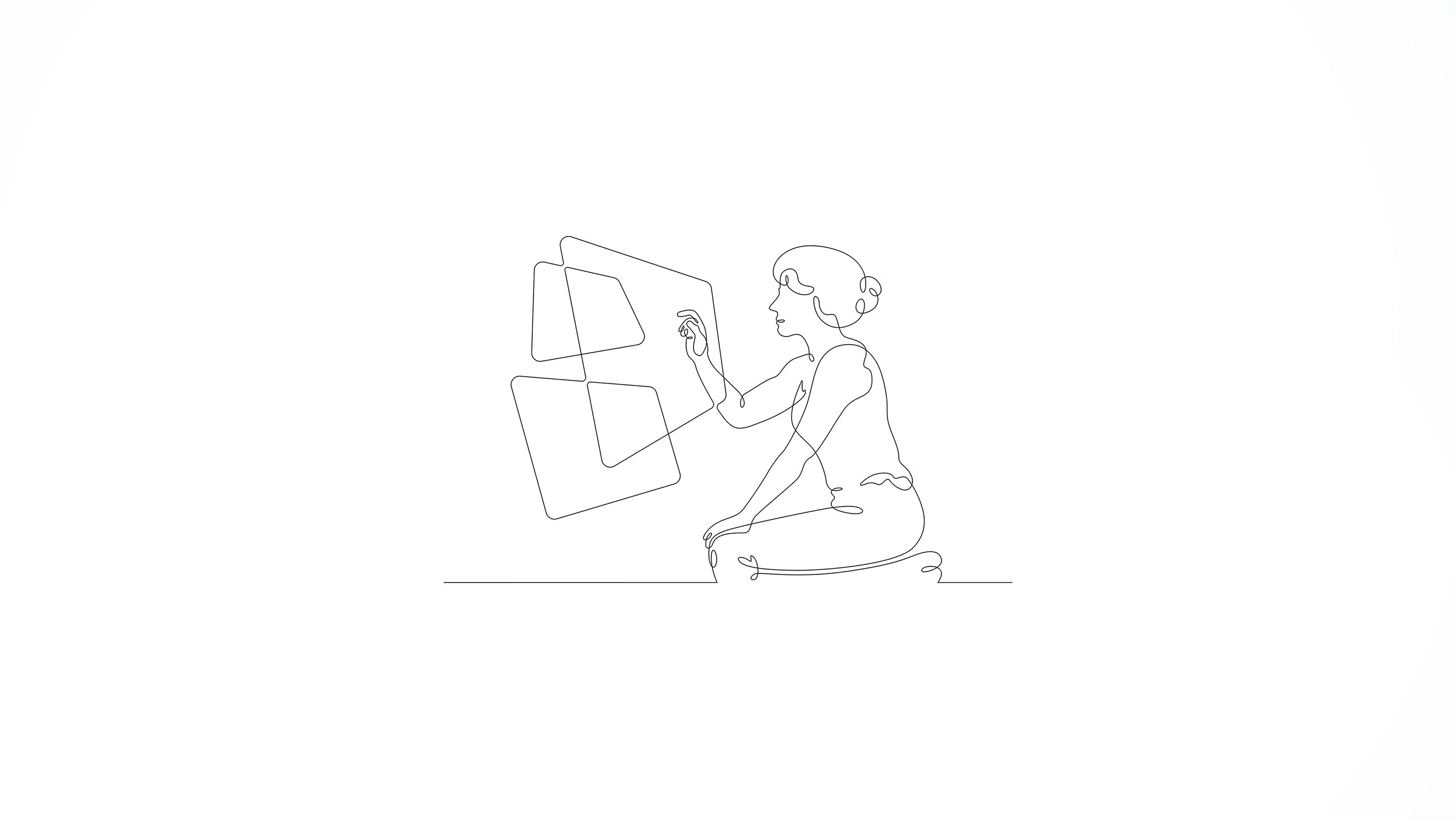 A continuous line drawing of a woman using multiple screens