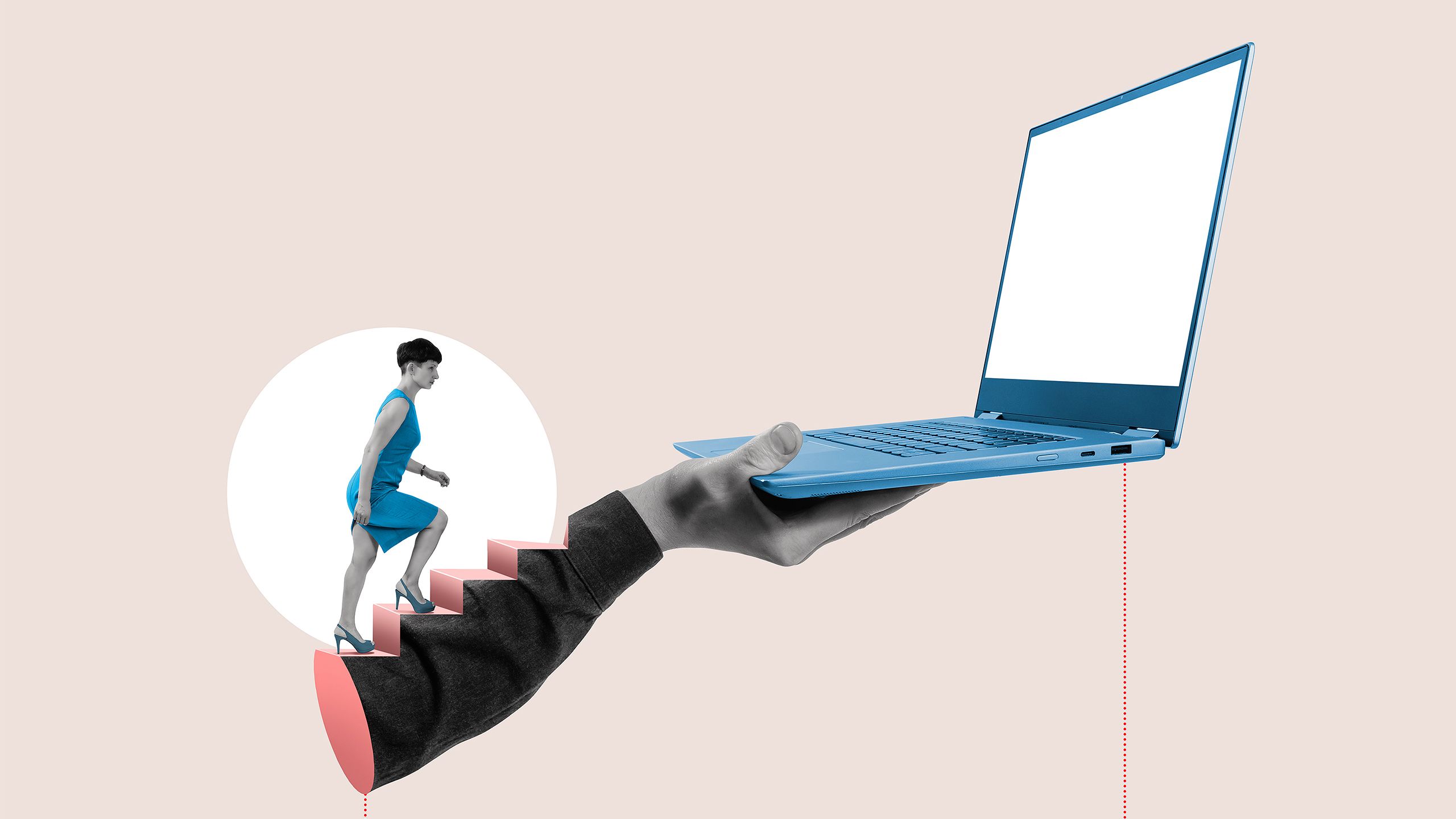A woman climbing a set of stairs shaped like an arm that's holding an open laptop