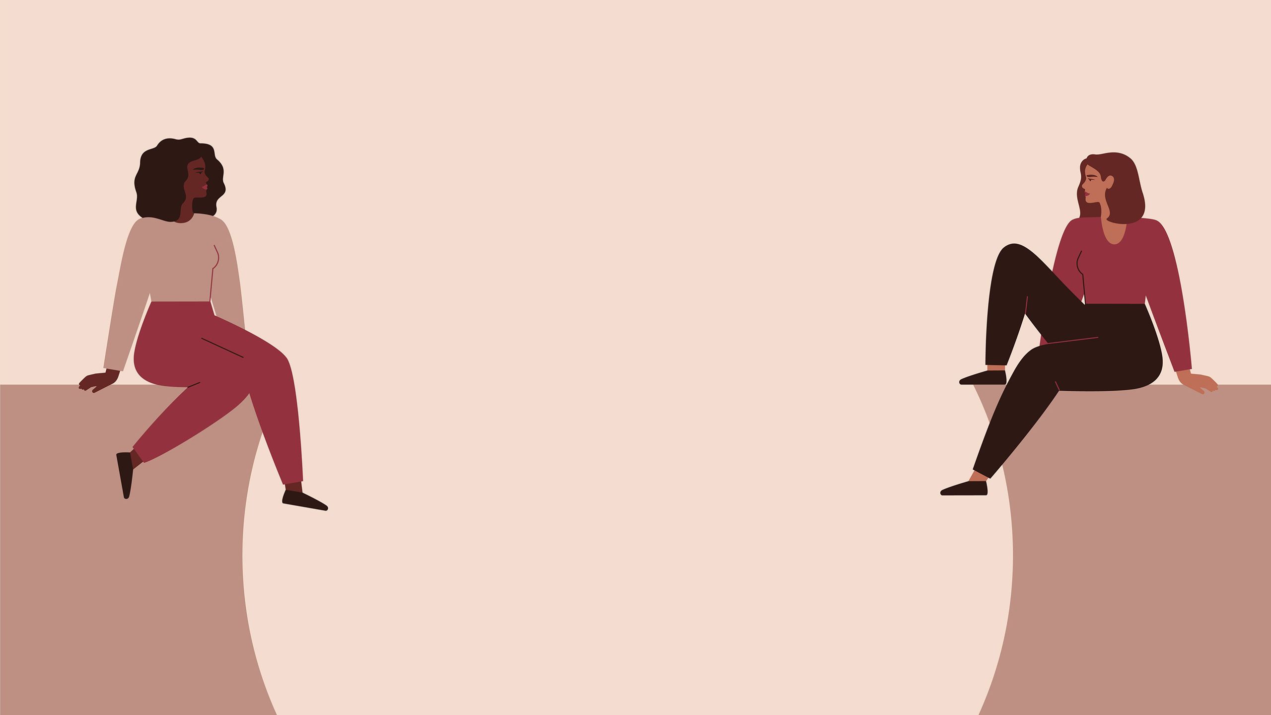 Two women sitting on either side of a ravine and looking at each other. The image is drawn in a corporate art style.