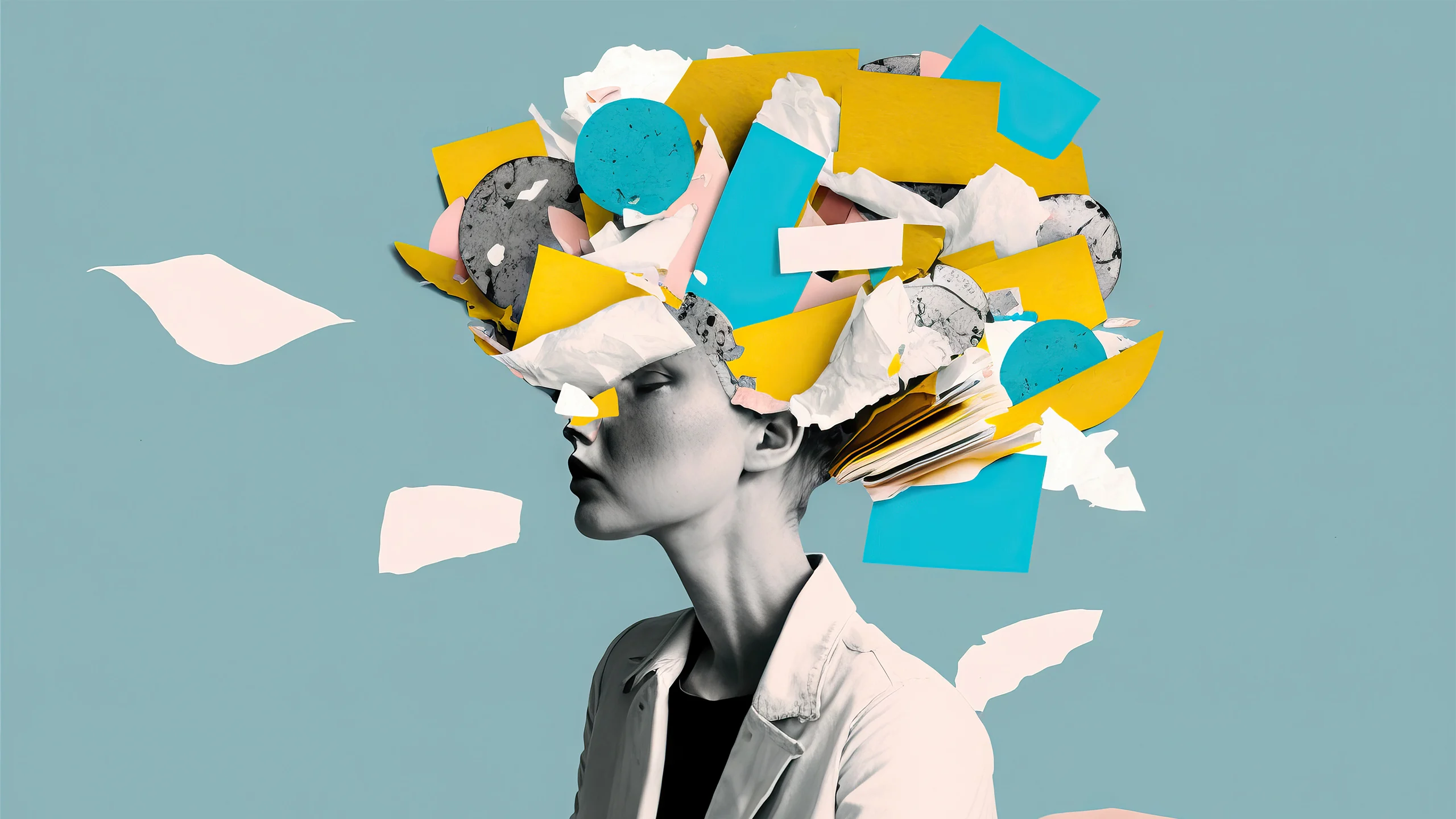A woman with paper and cardboard surrounding and emerging from her head.