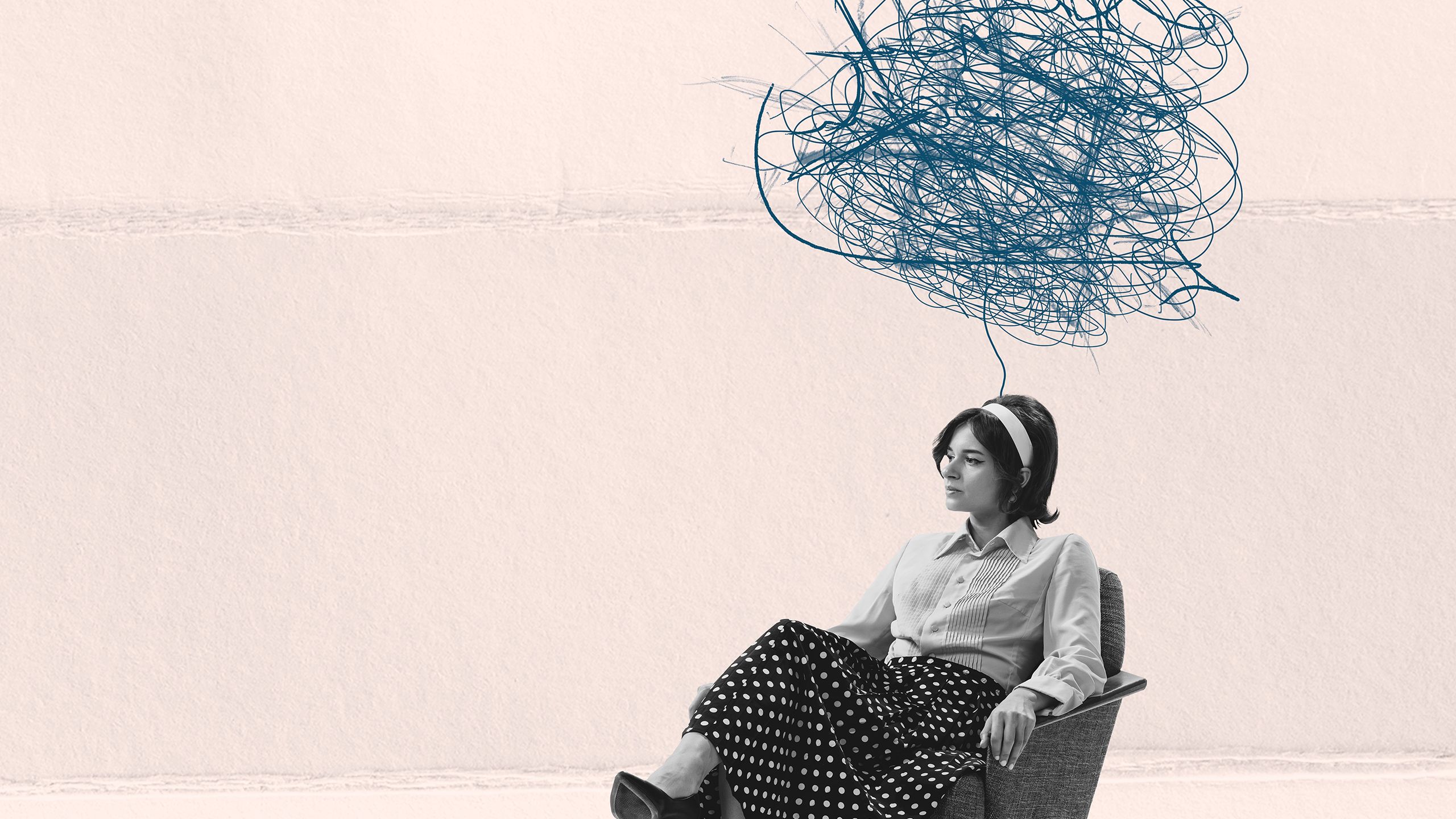 A woman sitting in a chair with a scribbly line emerging like a thought bubble from her head
