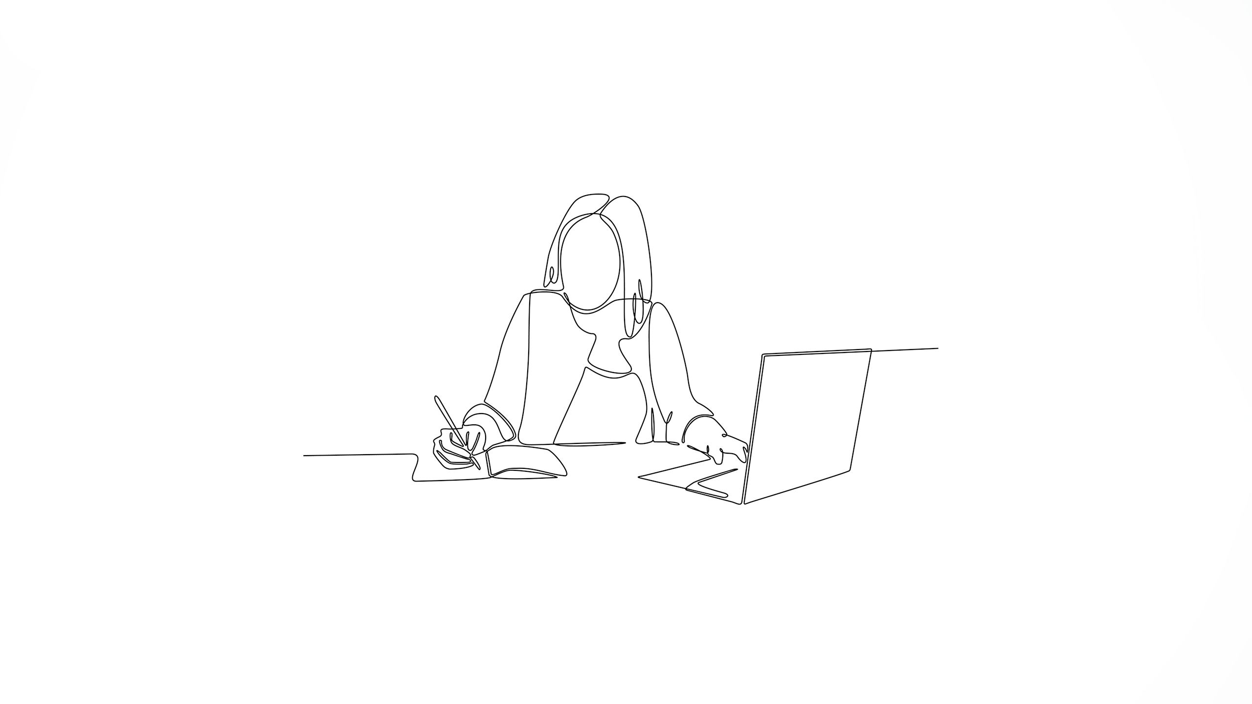 A continuous line drawing of a woman using a laptop and writing in a notebook