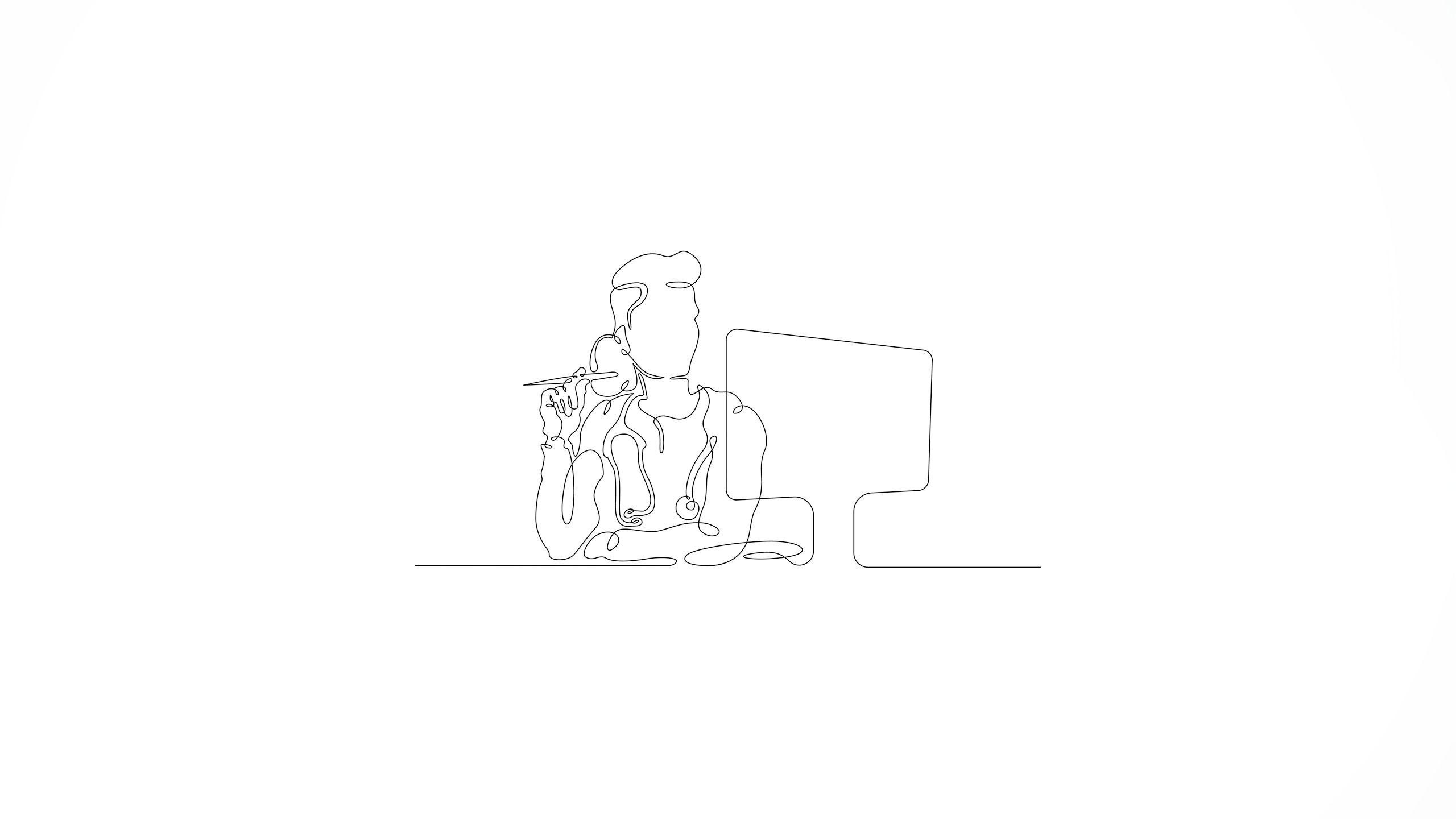 A continuous line drawing of a woman using a computer and holding a pen