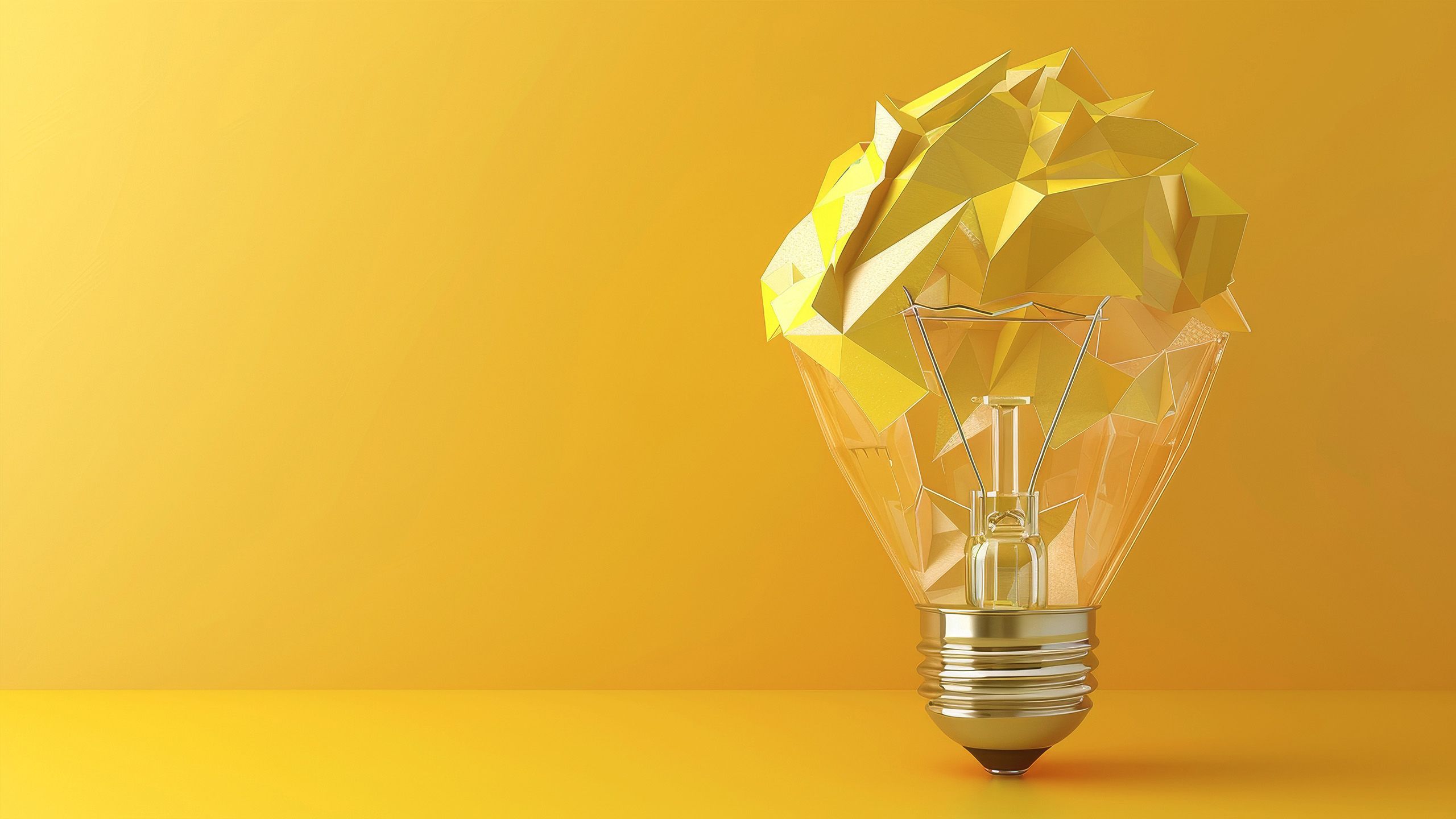 AI generated yellow geometric polygon light bulb with a yellow background 
