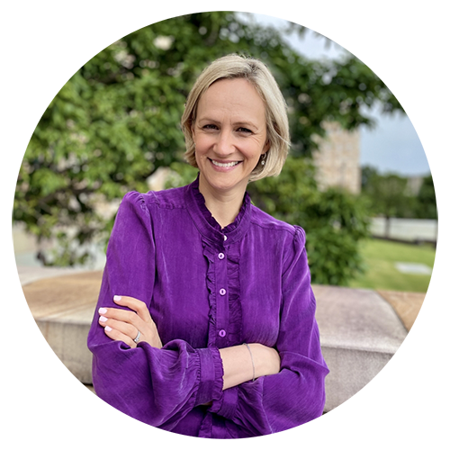 An image of Dr Miriam Moeller, a woman with short blonde hair standing in front of a green tree and sandstone background