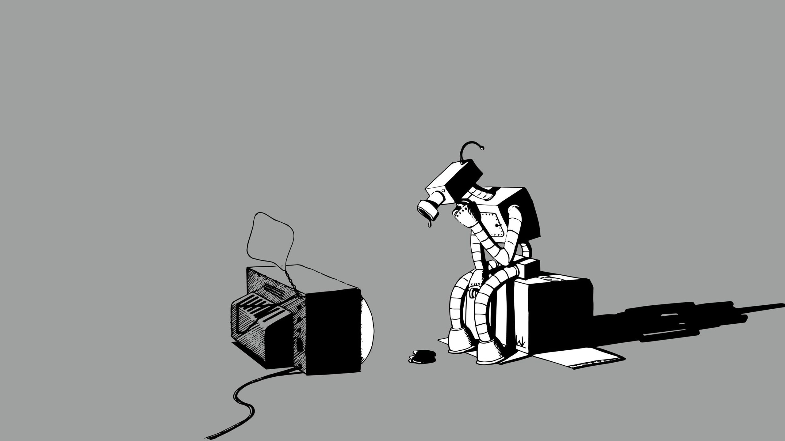 A sad robot sitting on a cardboard box watching an old television set