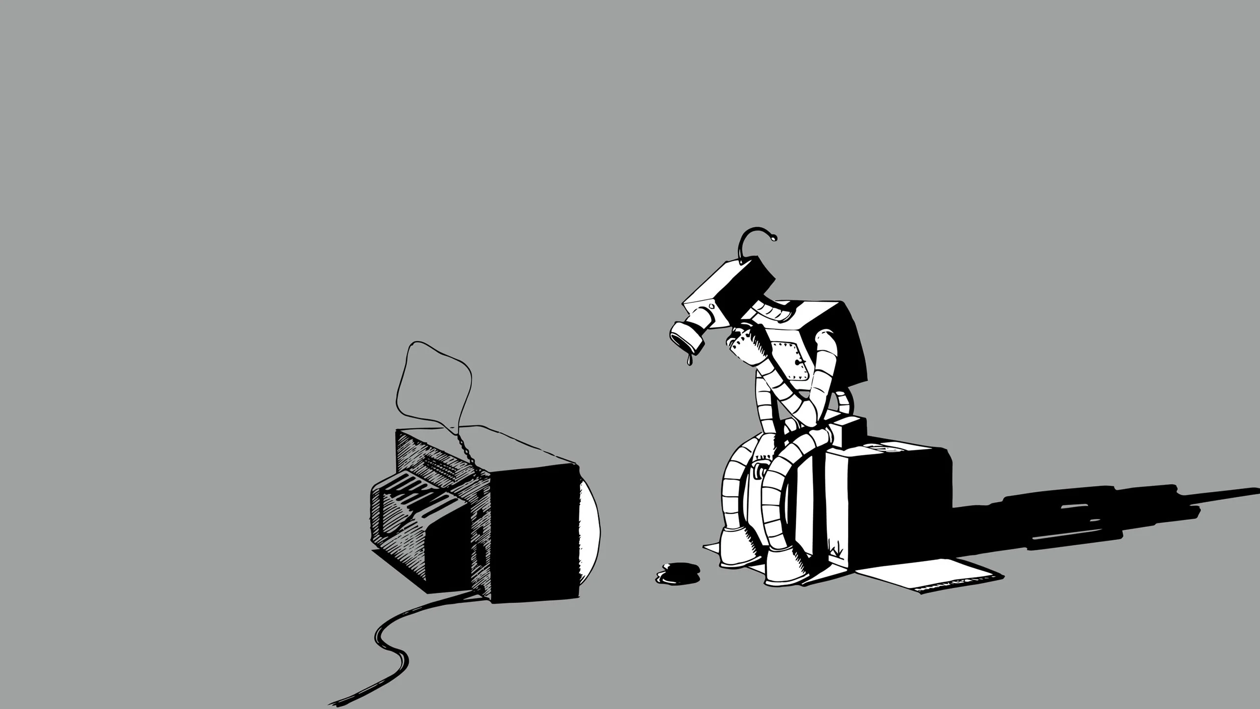 A sad robot sitting on a cardboard box watching an old television set