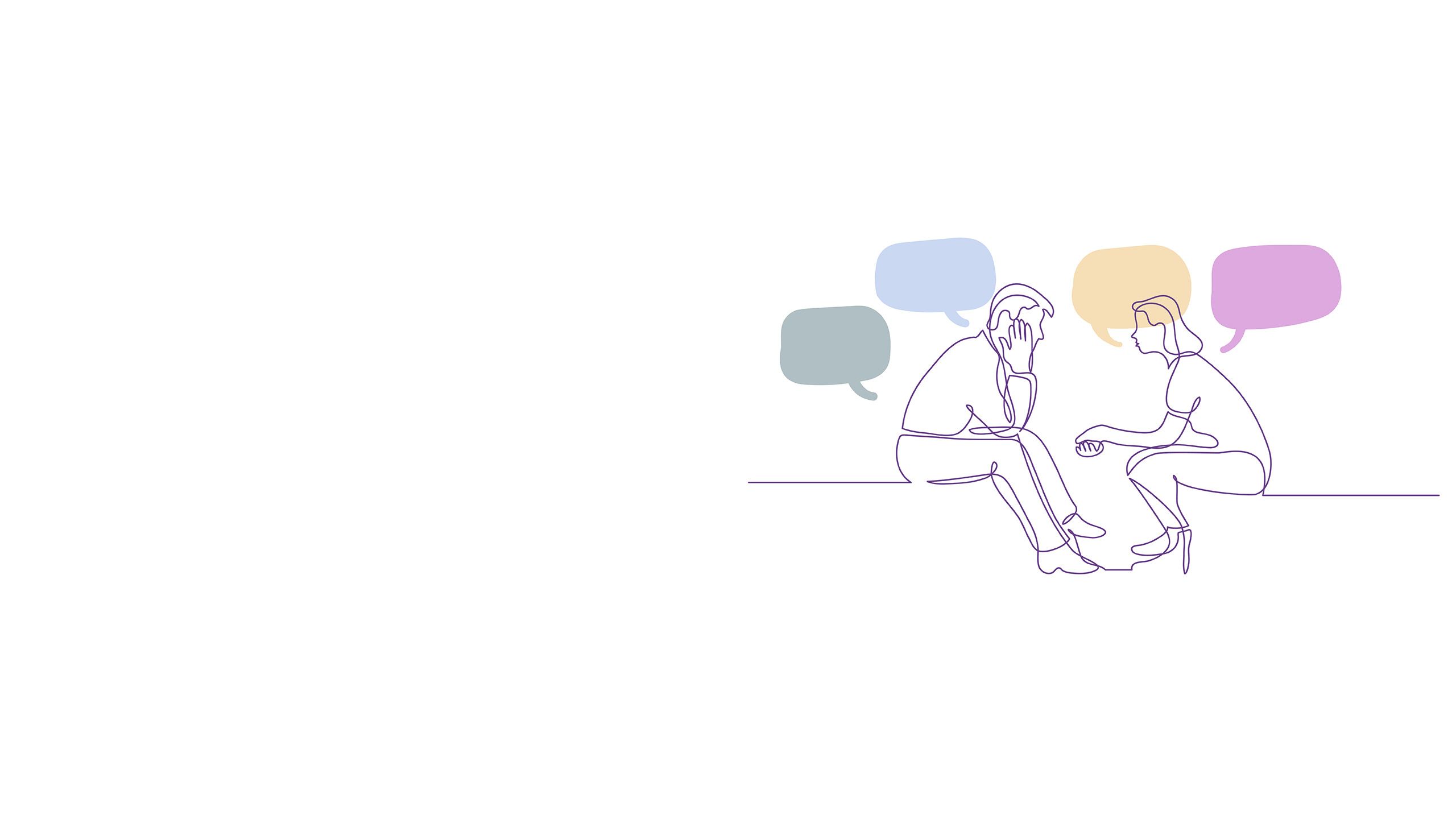A purple outline drawing of two people sitting down talking with different coloured speech bubbles