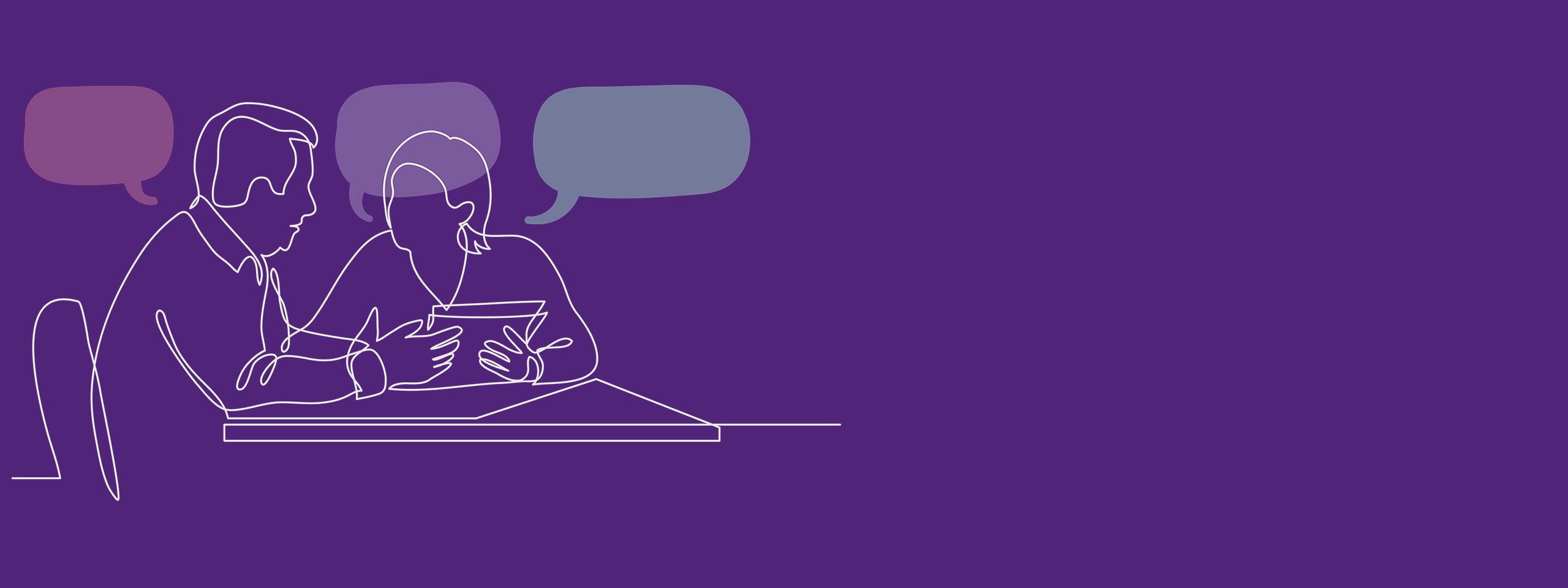 An outline drawing of two people sitting down talking with coloured speech bubbles