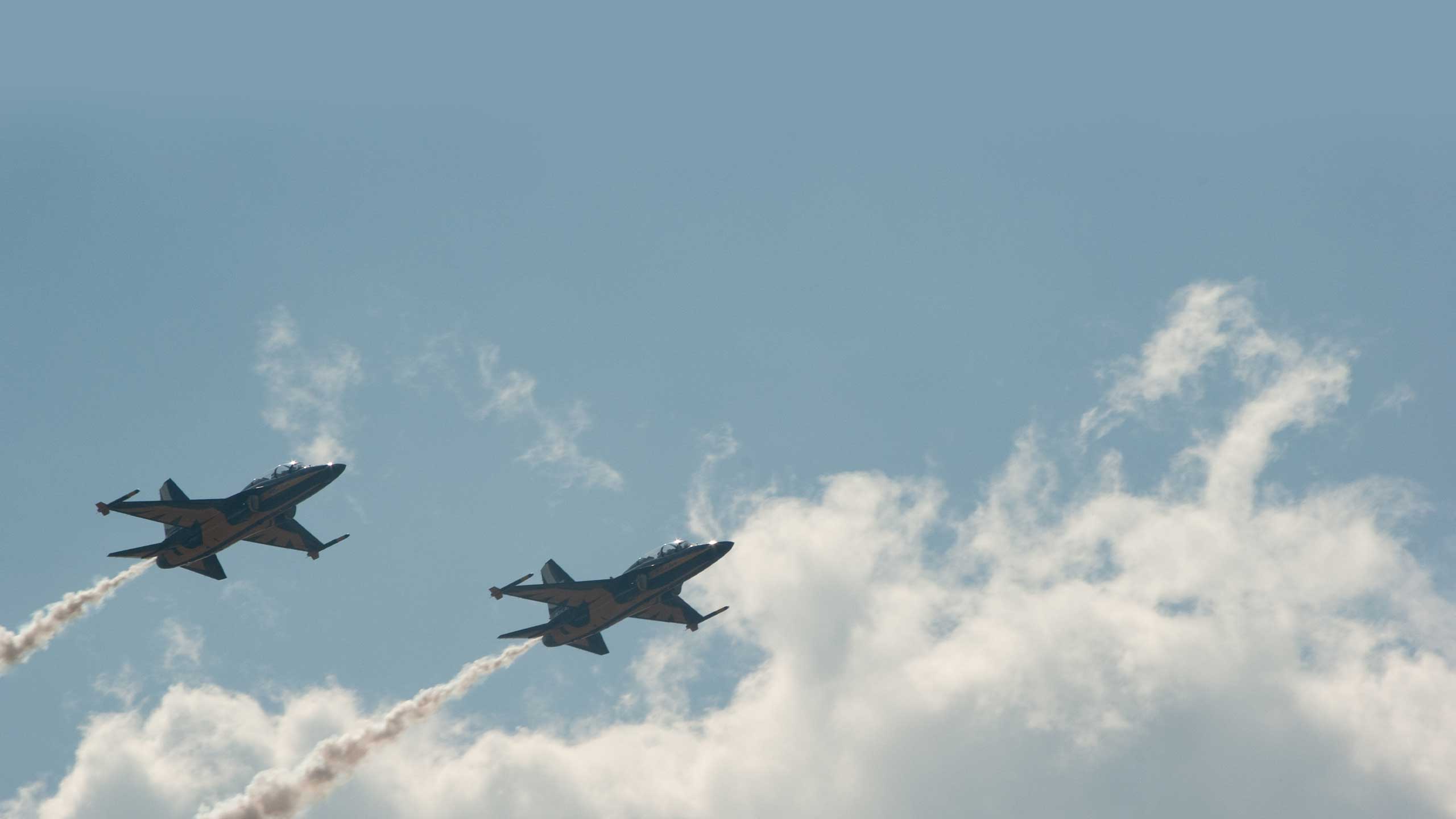 Two fighter jets fly in the sky