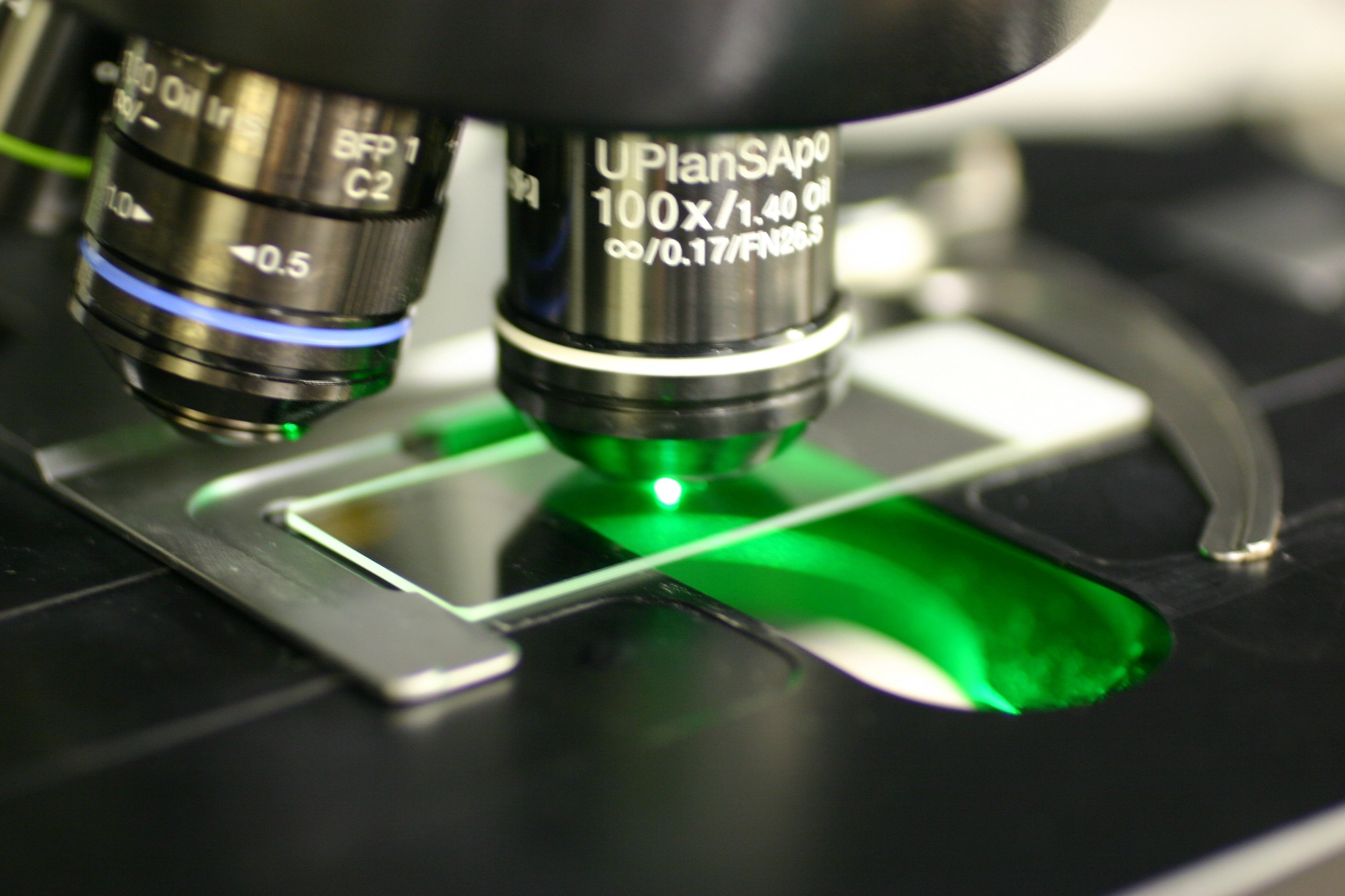 A close-up of a microscope's lens pressing against a blank glass slide