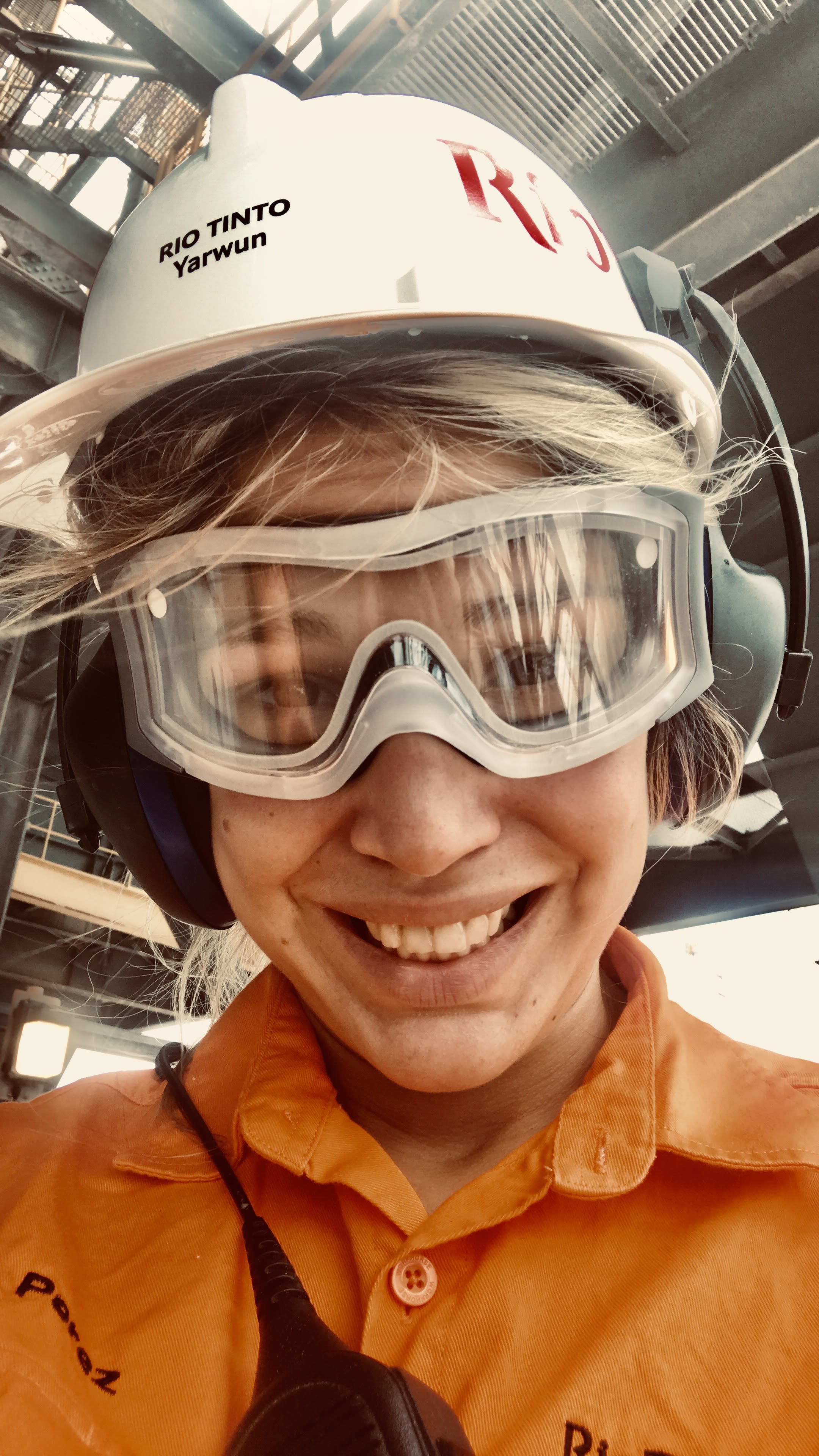 Rosario wearing a hardhat and goggles while on an internship