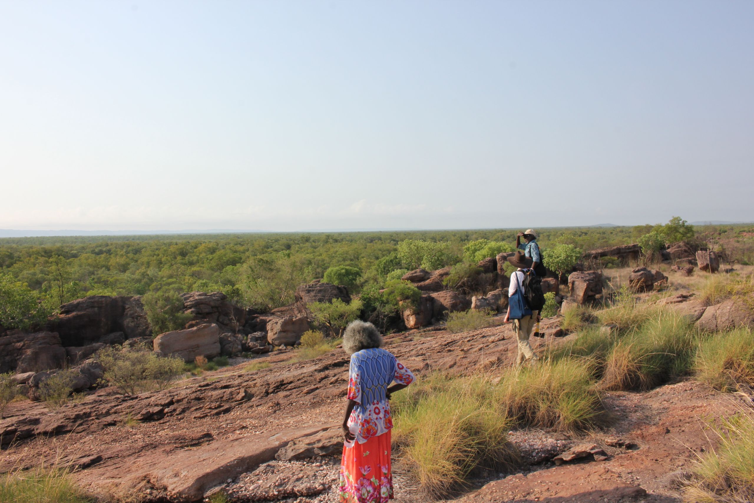 Elders and an archaelogist walk away from the camera on the escarpment at Madjedbebe.