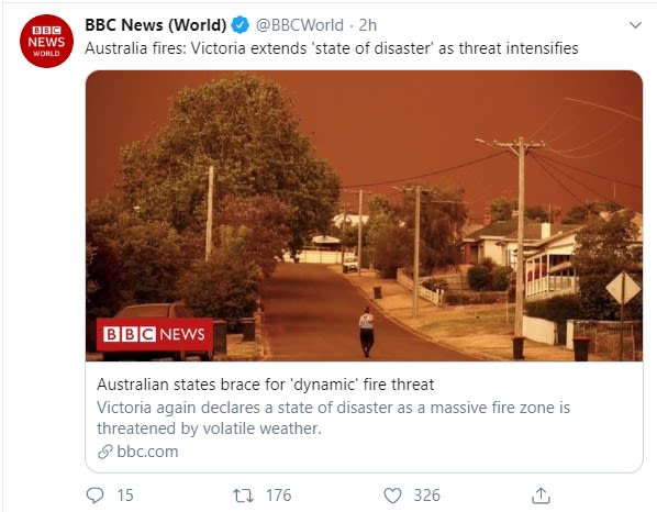 Image of BBC News screenshot coverage of 2020 Victorian bushfires.