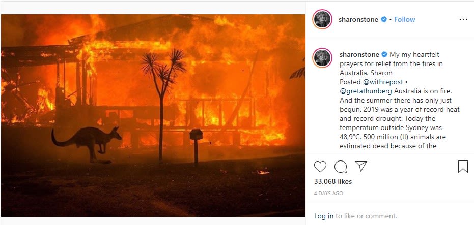 Image of Instagram screenshot showing iconic image of kangaroo silhouetted in front of raging Australian bushfires.