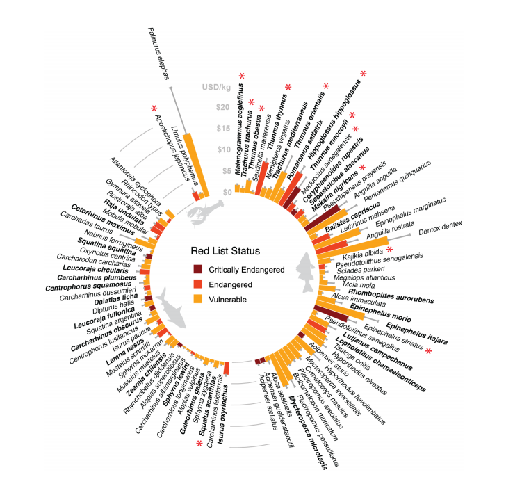 IUCN Red List status for 91 threatened fish species recorded in global catch data from 2006–2014.