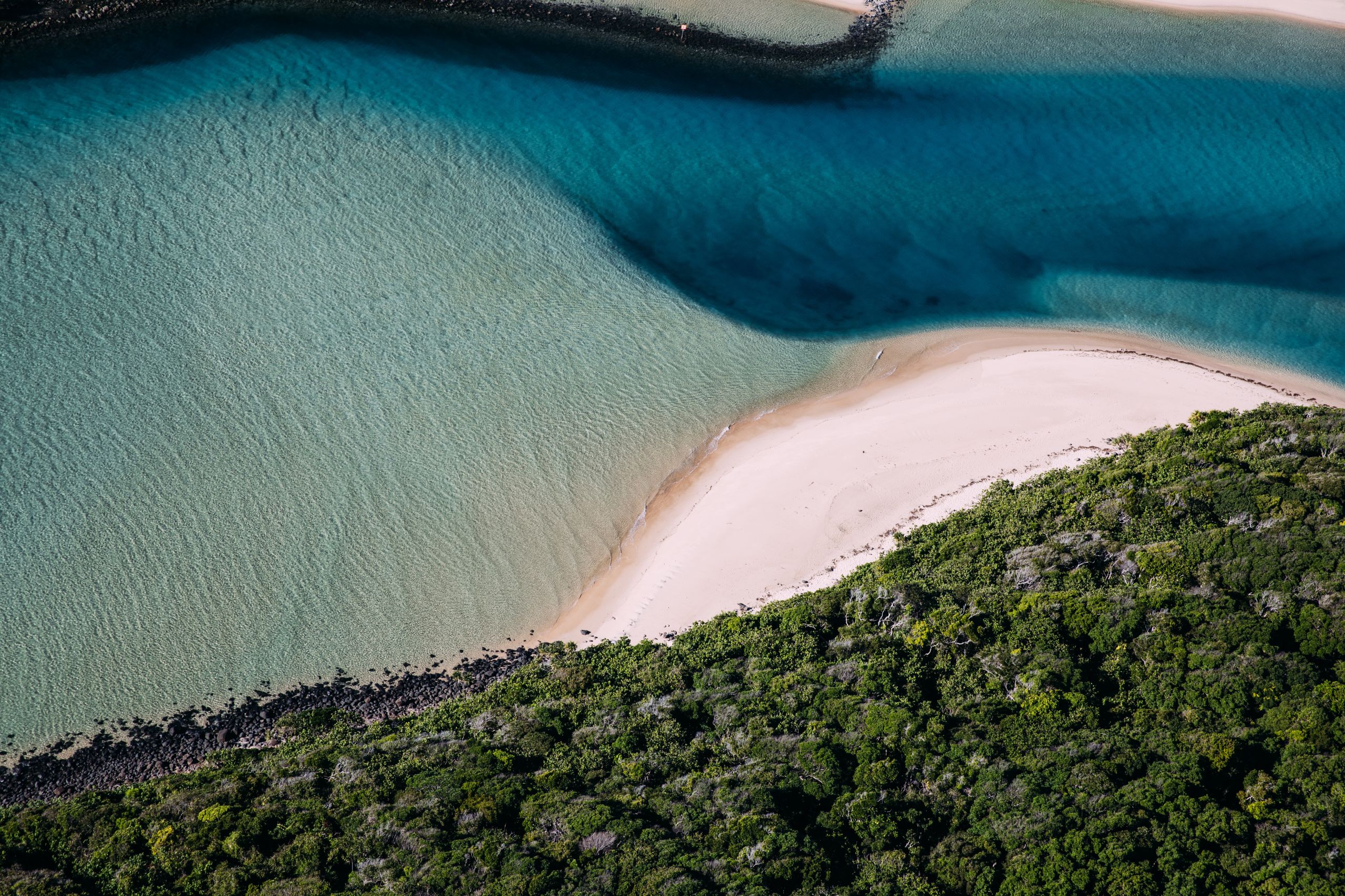 Mangroves leading into sand, leading in water of different shades of blue