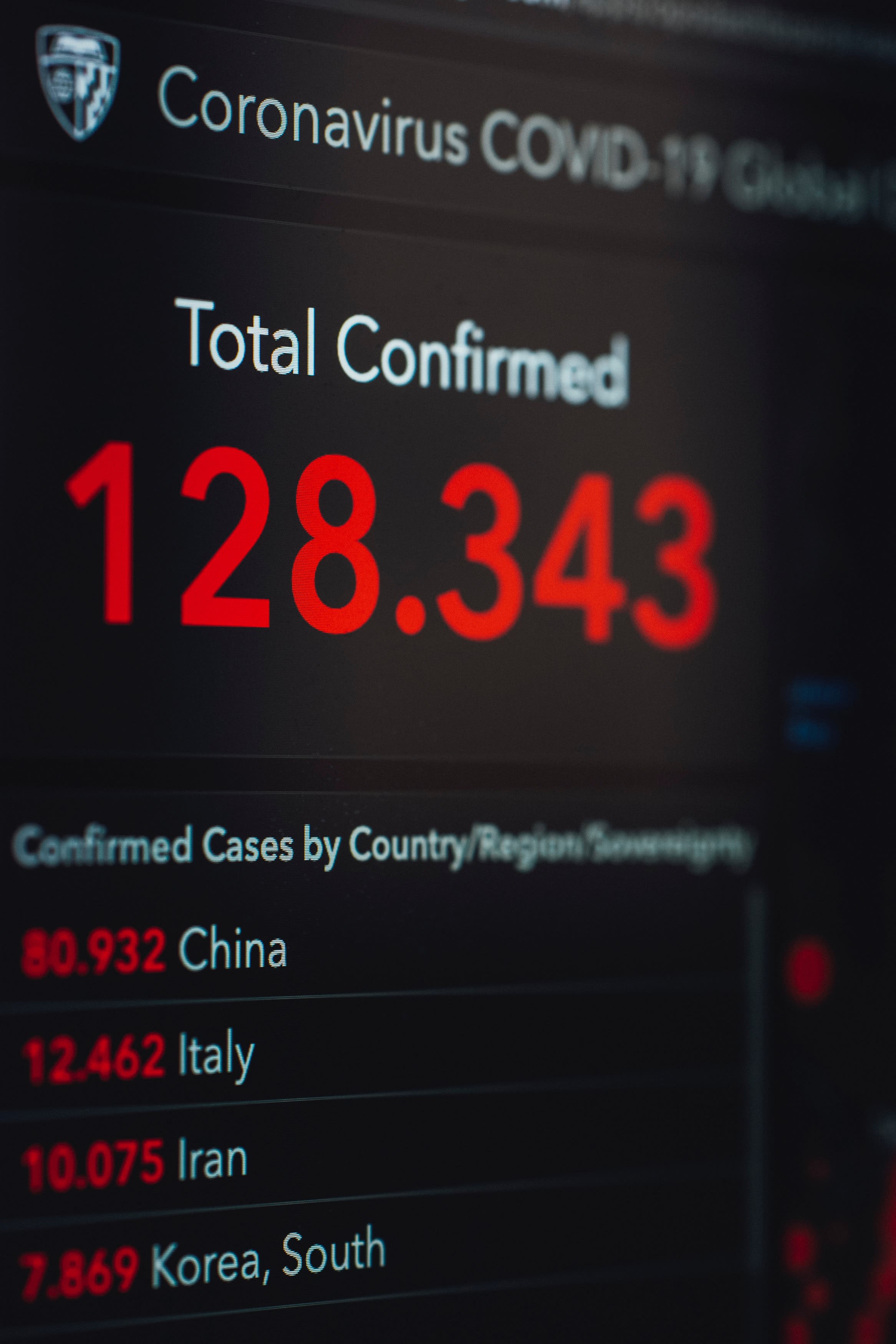 Picture of confirmed COVID-19 cases on a computer screen in red
