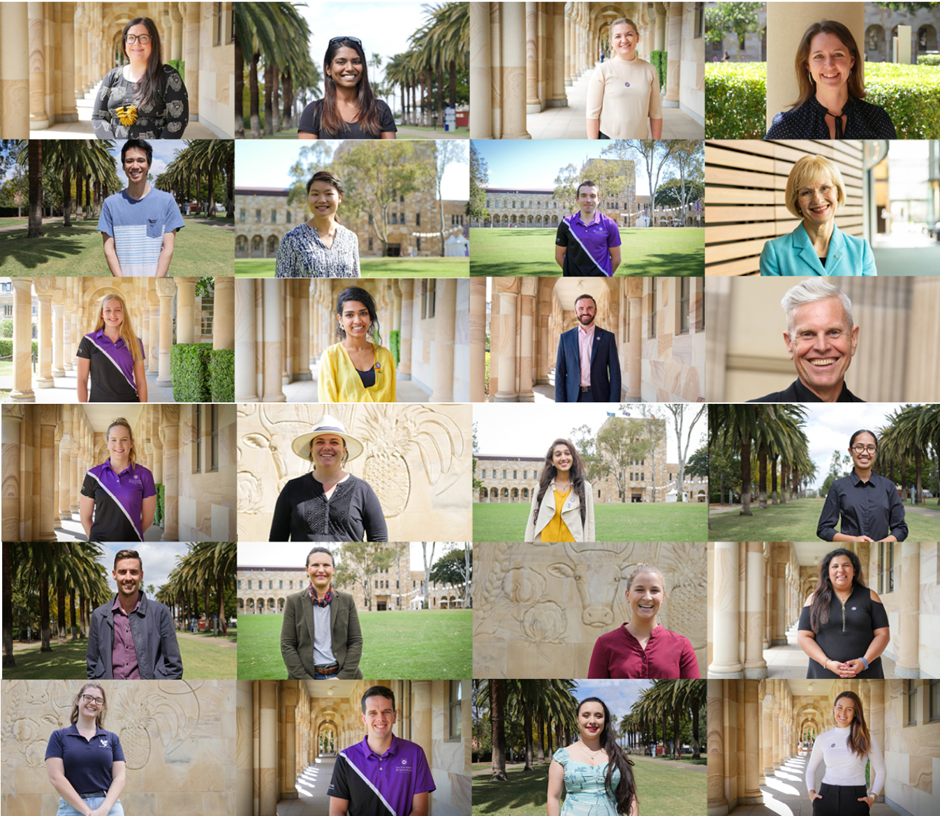 Staff and students photographed against UQ's sandstone buildings at the St Lucia campus.