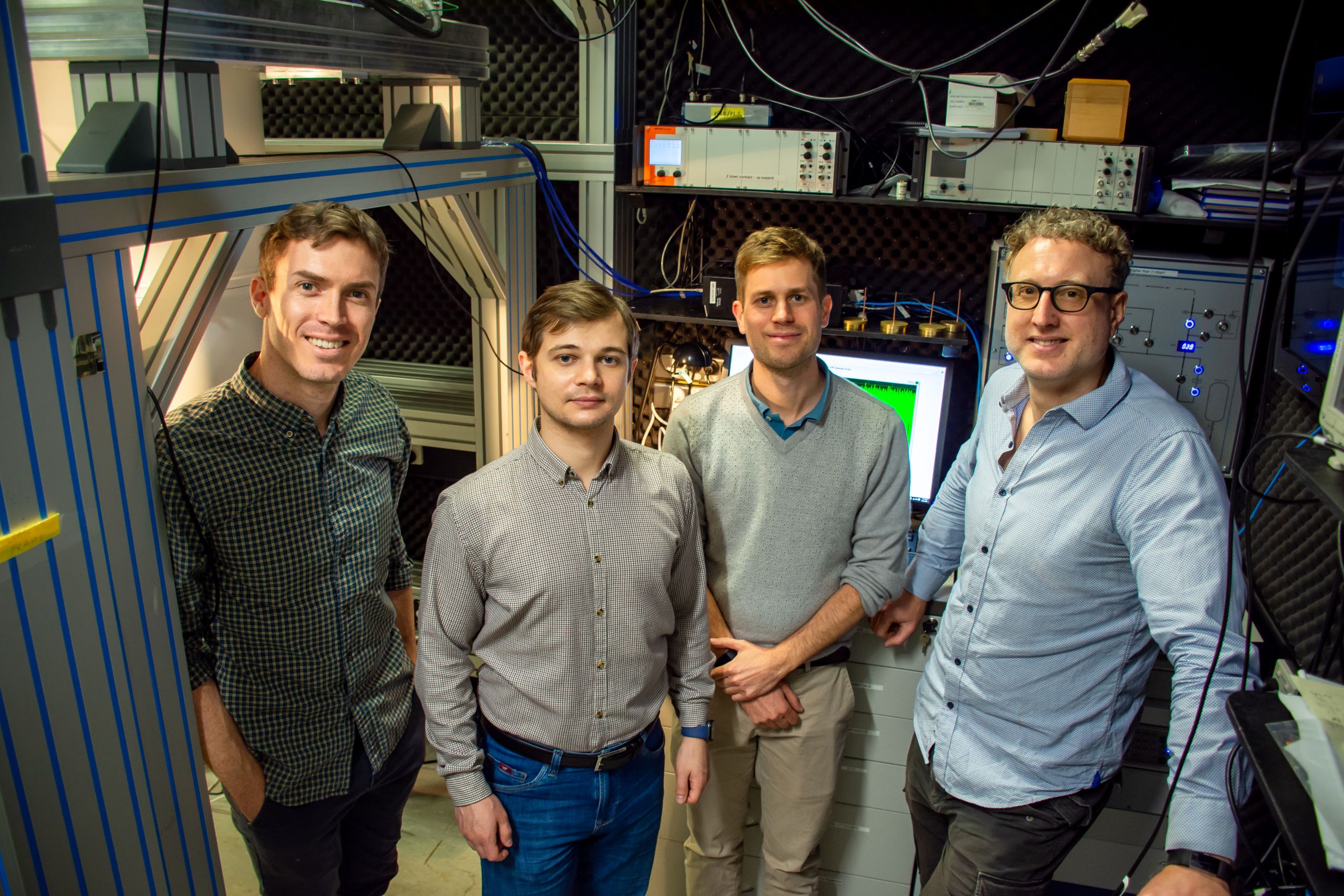 UQ Australian Quantum Vortex Team members (L-R) Dr Glen Harris, Dr Yauhen Sachkou, Dr Christopher Baker and Professor Warwick Bowen.