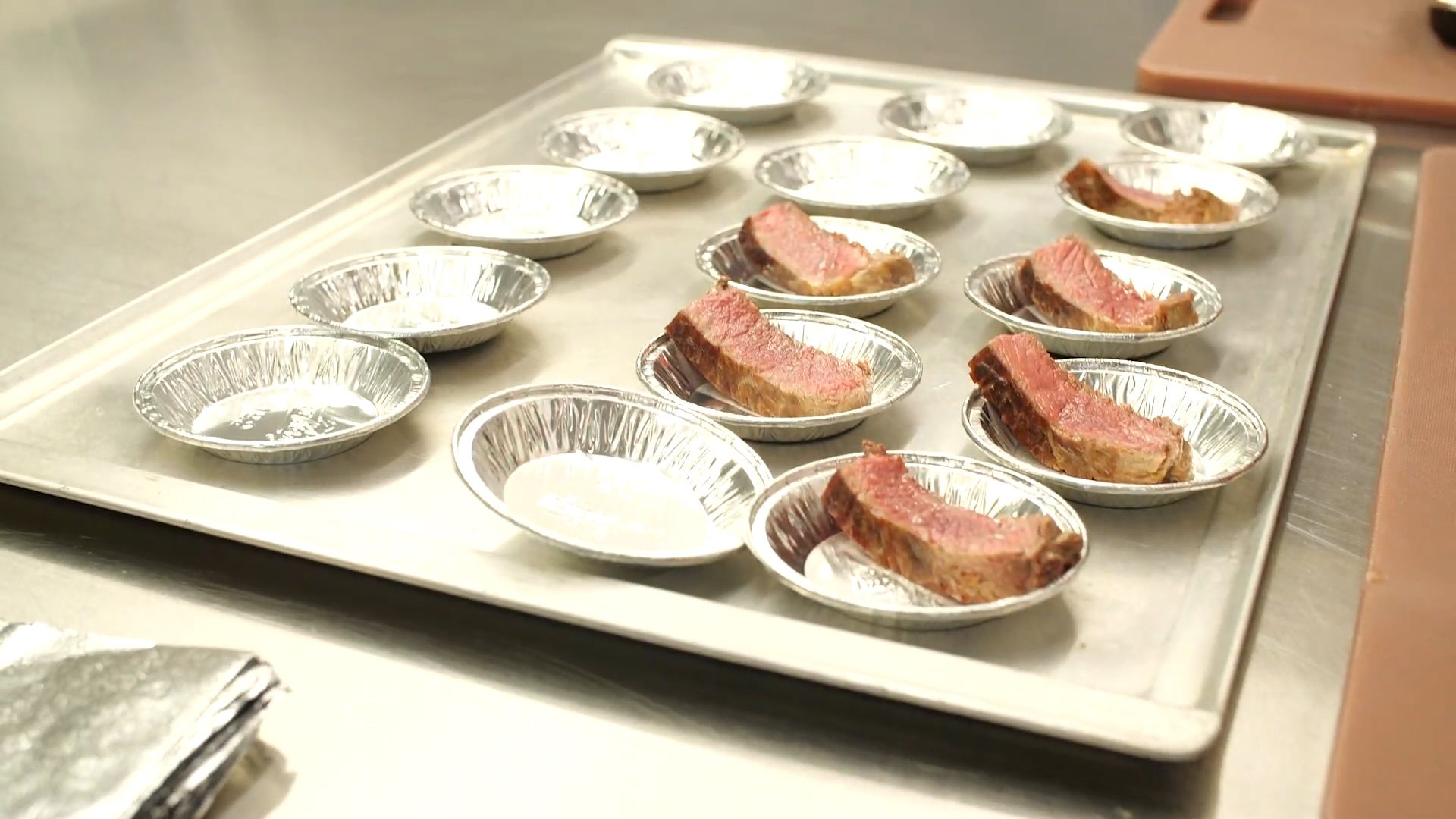 Individual Wagyu beef samples ready to serve to 12 sensory consumer panellists