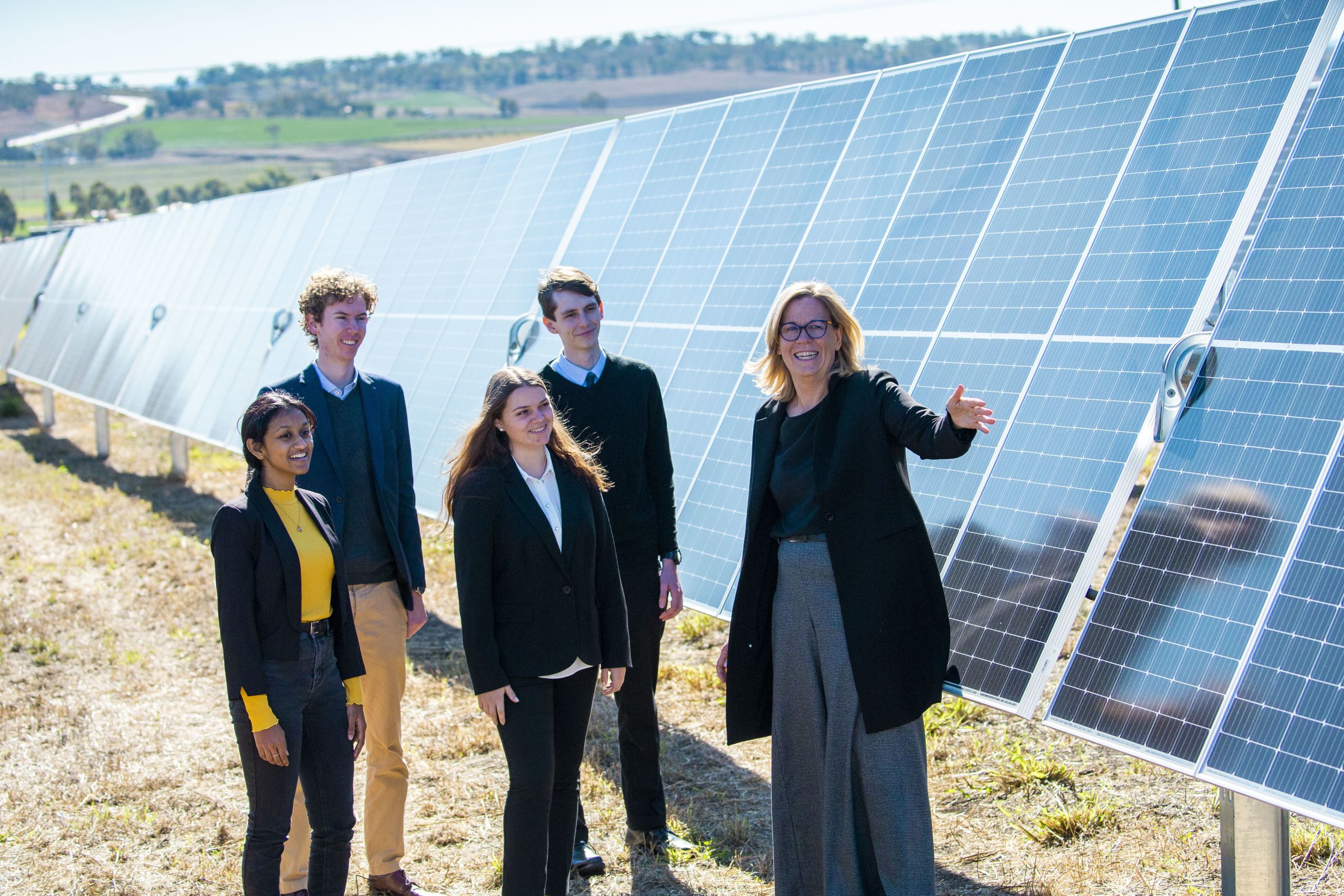UQ Chair in Sustainable Energy Futures Professor Peta Ashworth shows Liveris Academy scholars the new Warwick Solar Farm.